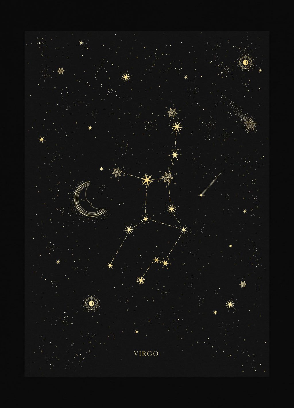 A black poster with Virgo's zodiac sign with gold stars around it. - Virgo