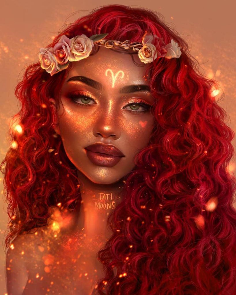 An illustration of a woman with red hair and a gold Aries symbol on her forehead. - Aries