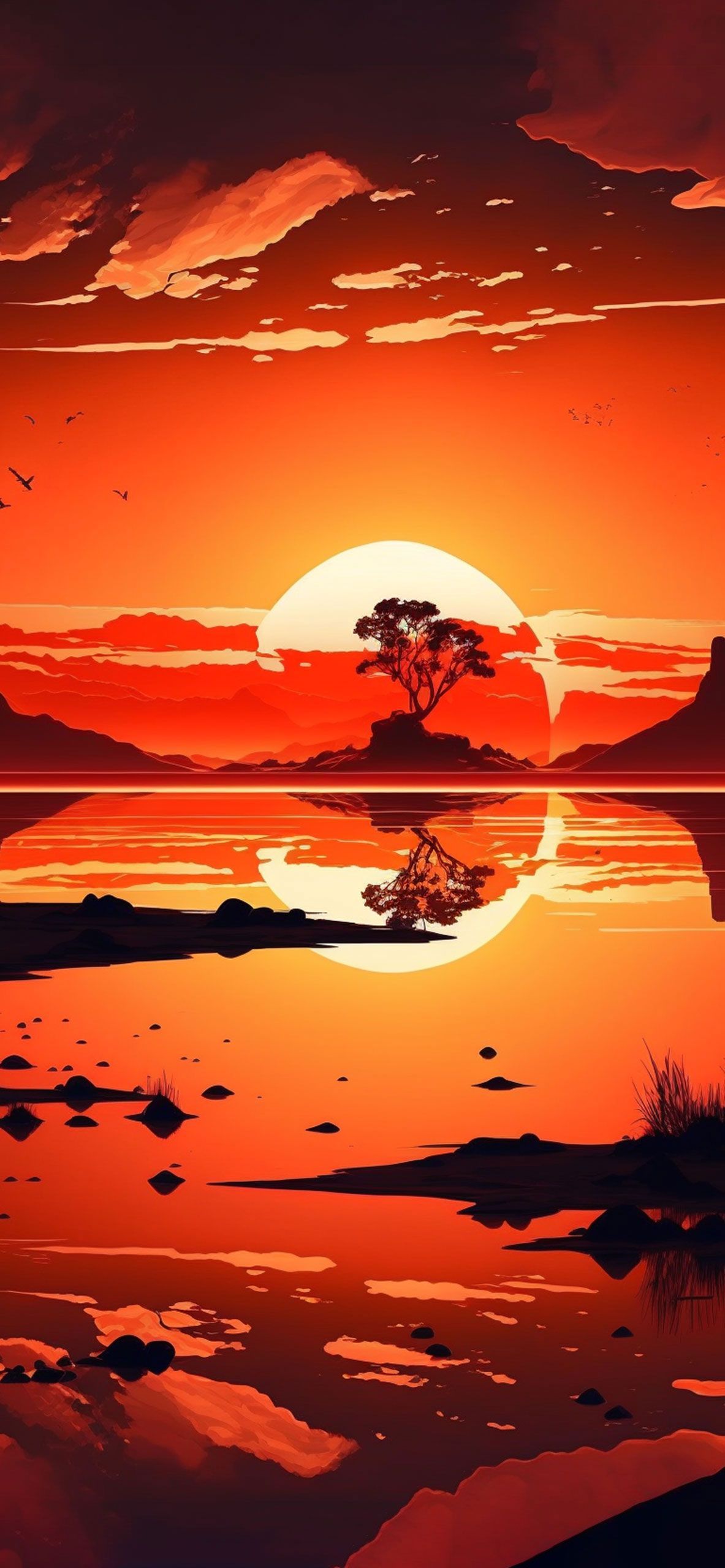 A sunset scene with mountains and water - Orange, sunset