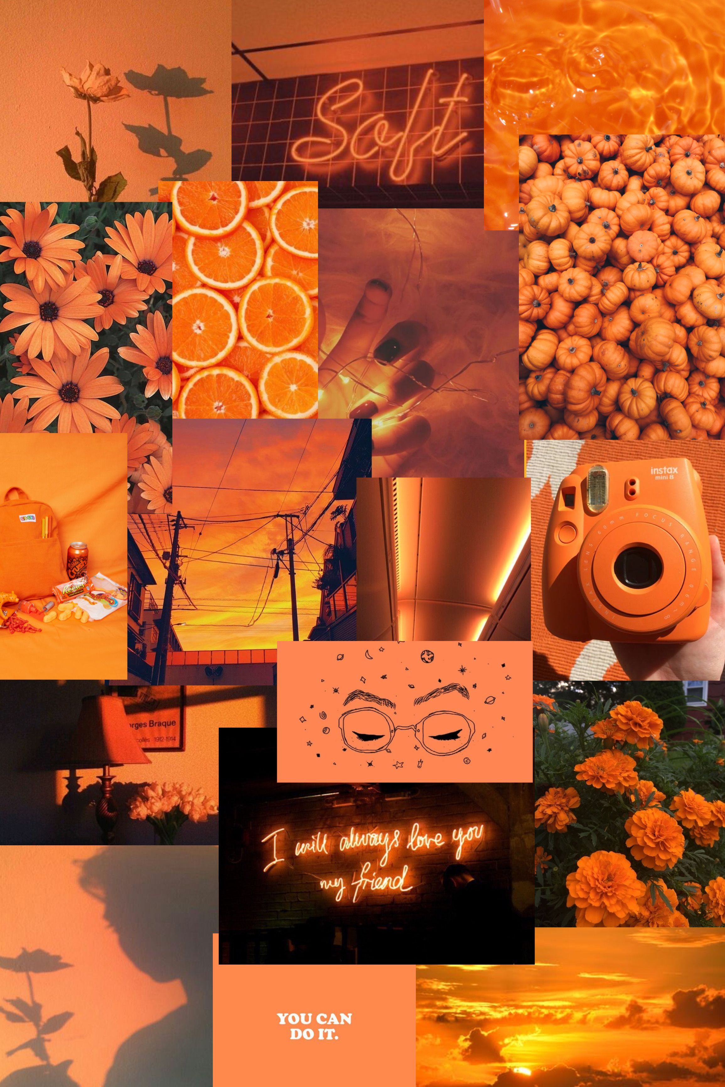 A collage of pictures with orange and yellow - Orange