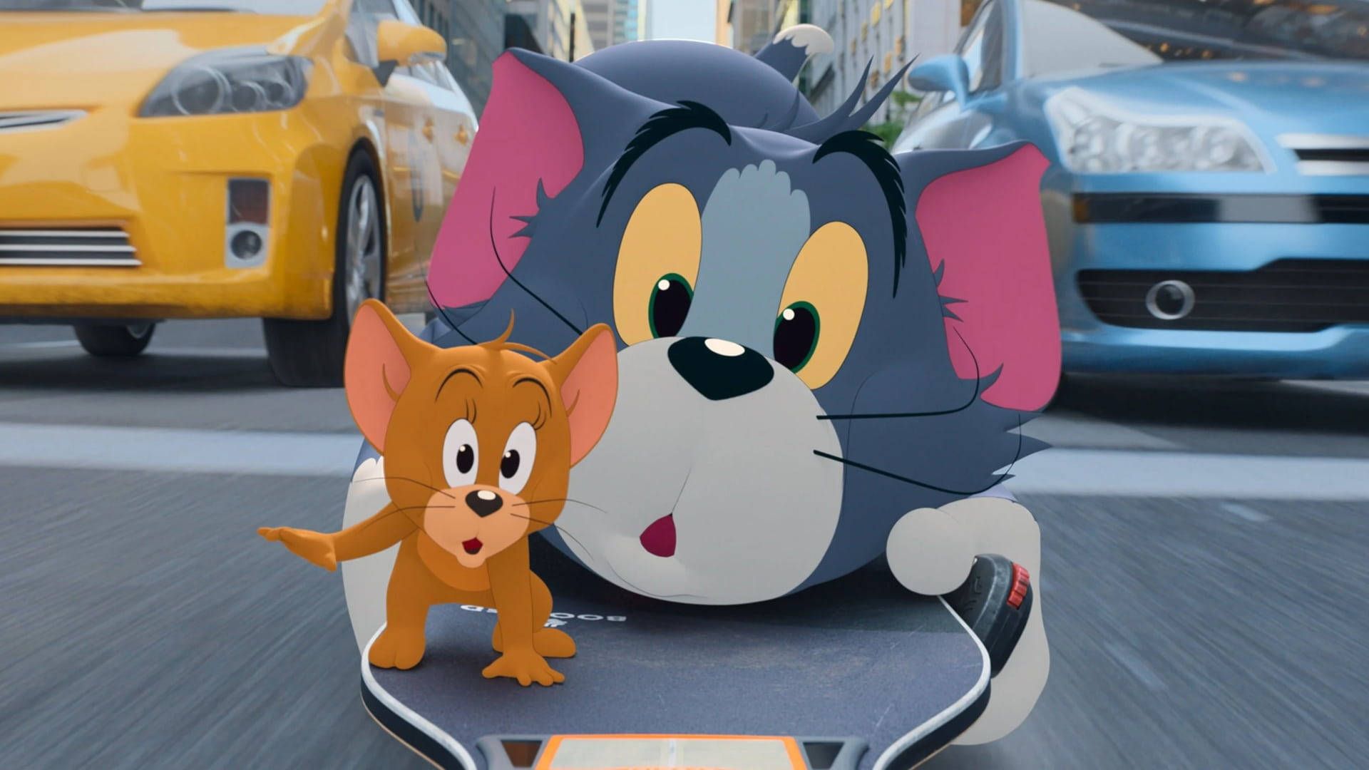 Tom and Jerry are on a scooter in the middle of a busy street. - Tom and Jerry