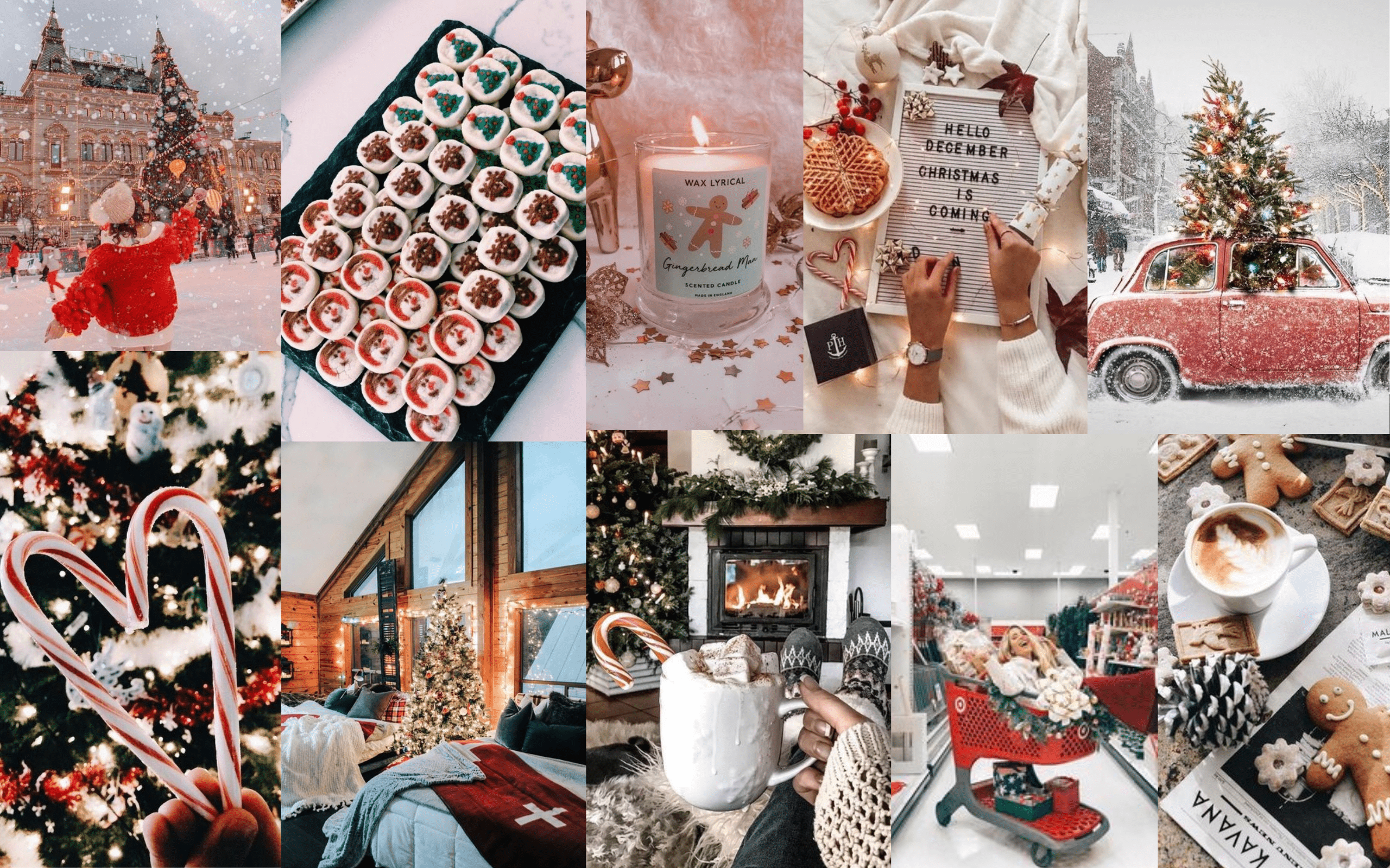 A collage of Christmas photos including a car, a tree, a fireplace, a cup of cocoa, and a gingerbread man. - Christmas, white Christmas