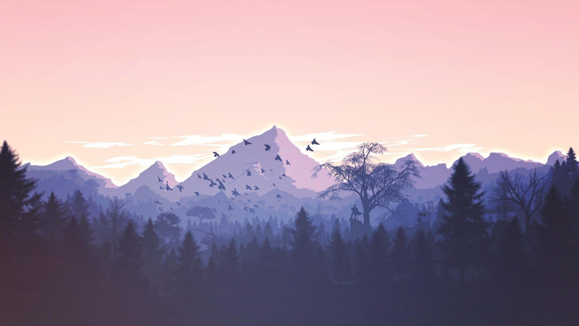 A pink and purple sunset over a mountain range with trees in the foreground. - 1920x1080