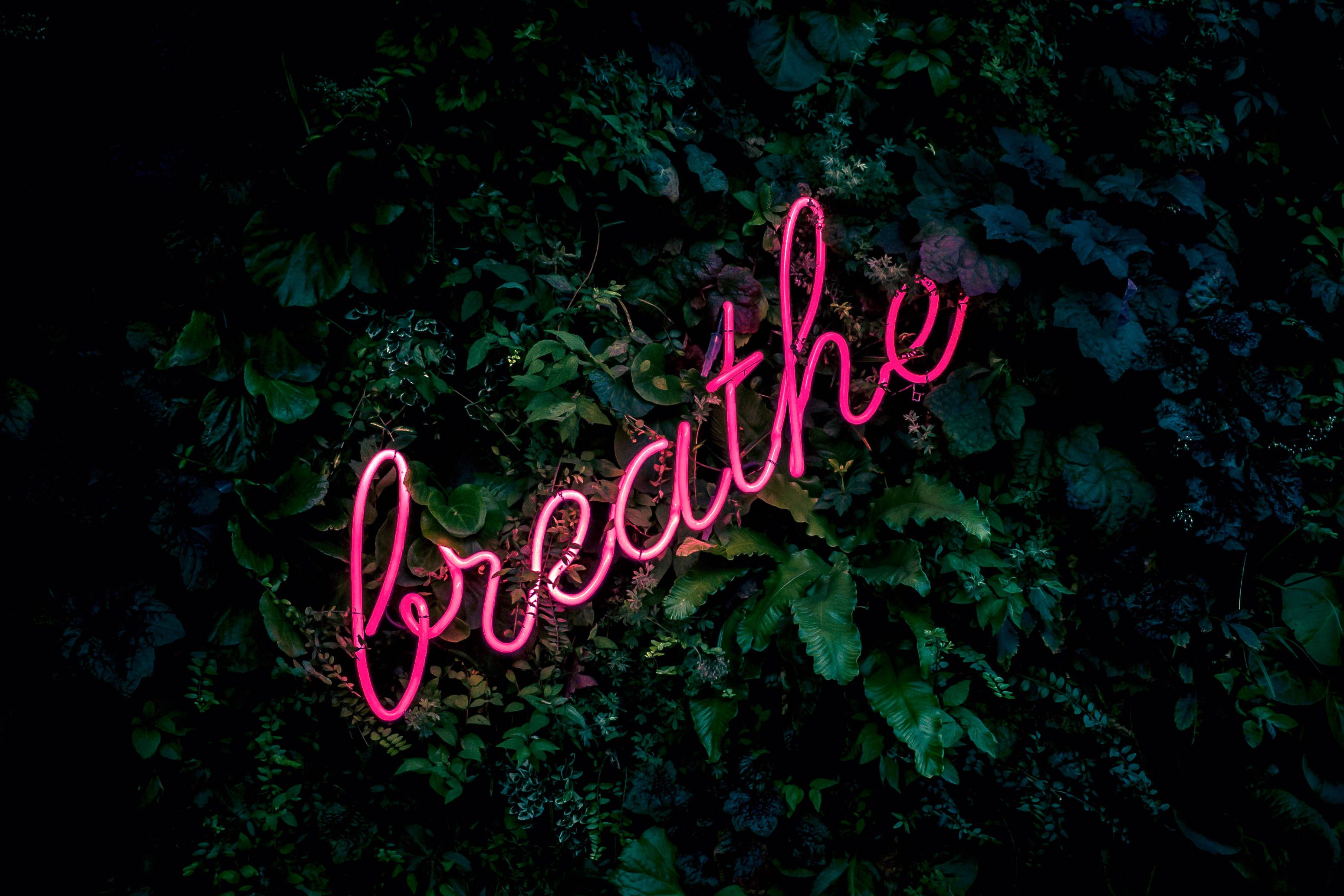 A neon sign that says breathe - Dark green, breathe