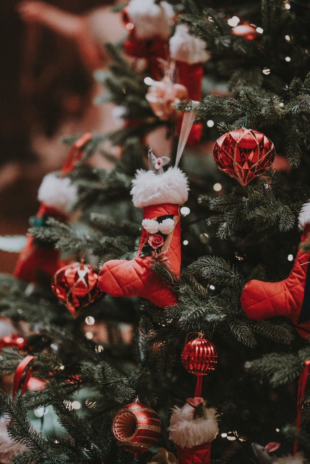 A close up of a Christmas tree with red and white ornaments. - Christmas, cute Christmas