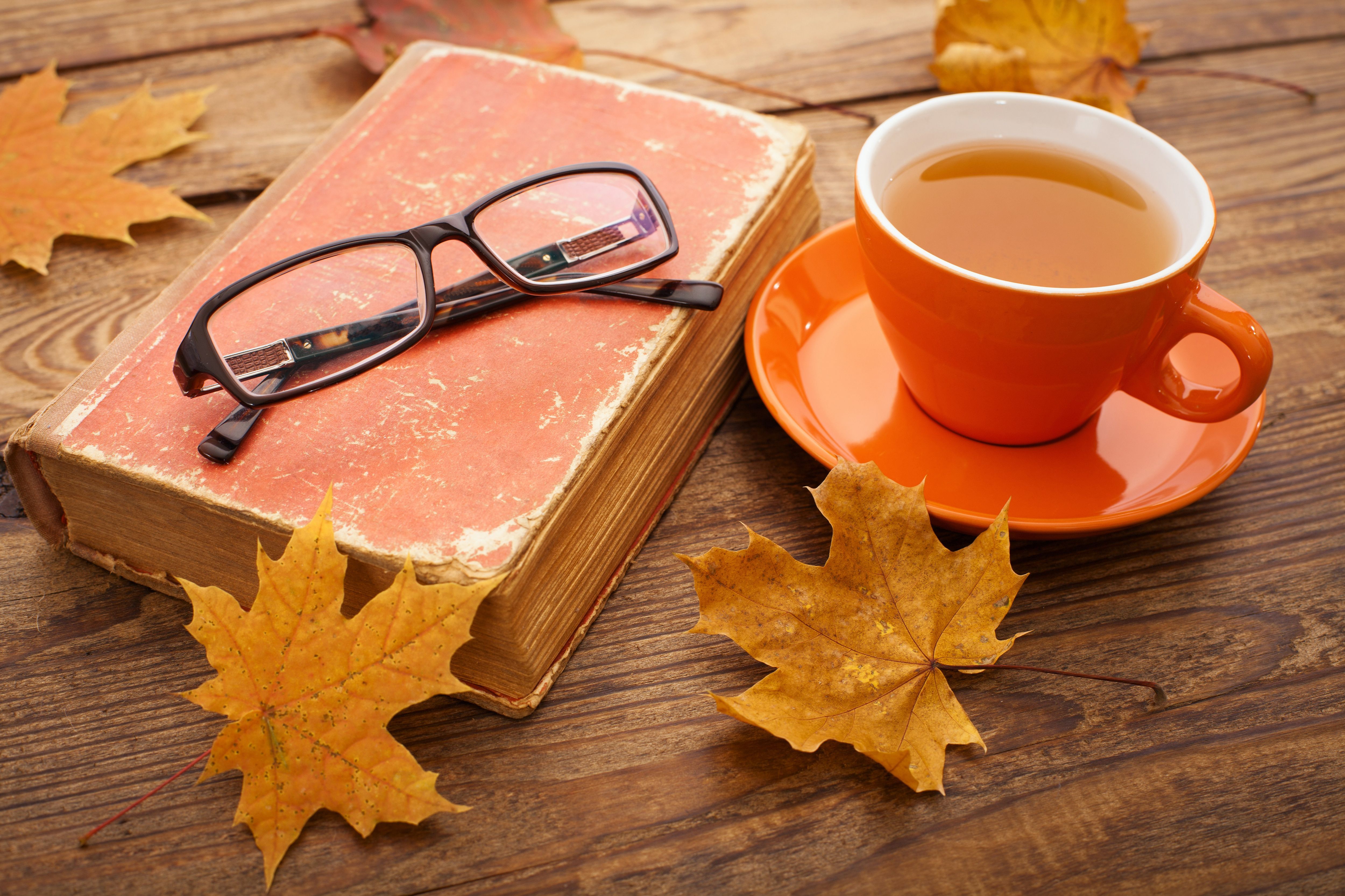 A cup of tea and a book on a wooden table - Vintage fall