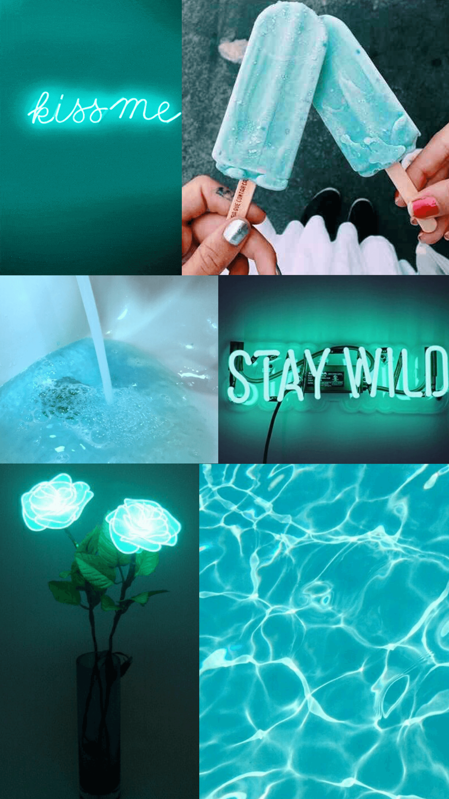 A collage of pictures with neon signs - Teal, turquoise