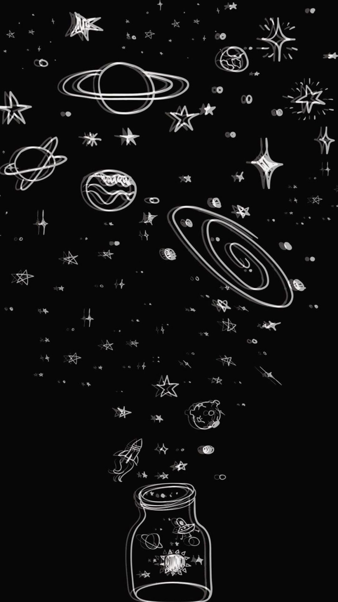 Black aesthetic wallpaper for phone with stars, planets, and a jar - Black glitch, black phone, beautiful, doodles, space