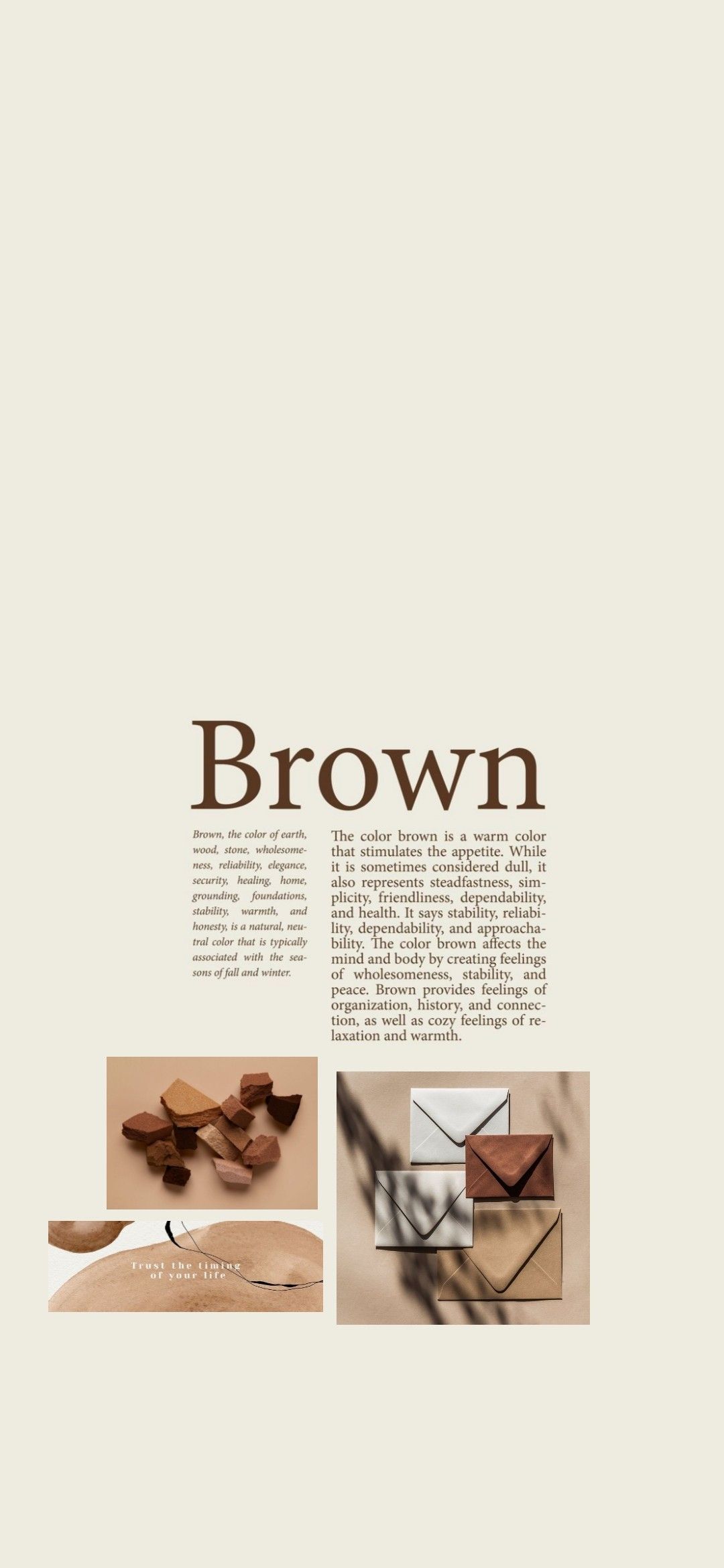 A brown and white poster with the word brow - Warm