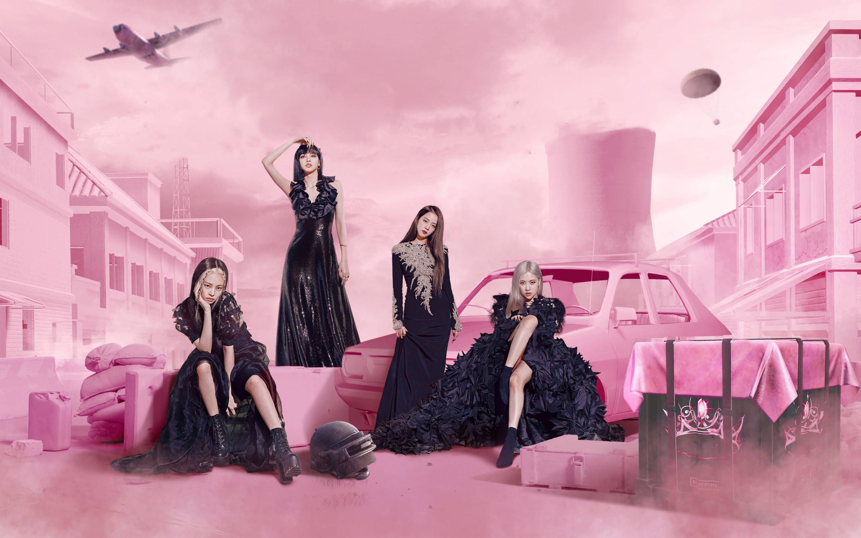 A group of women in black dresses on pink background - BLACKPINK