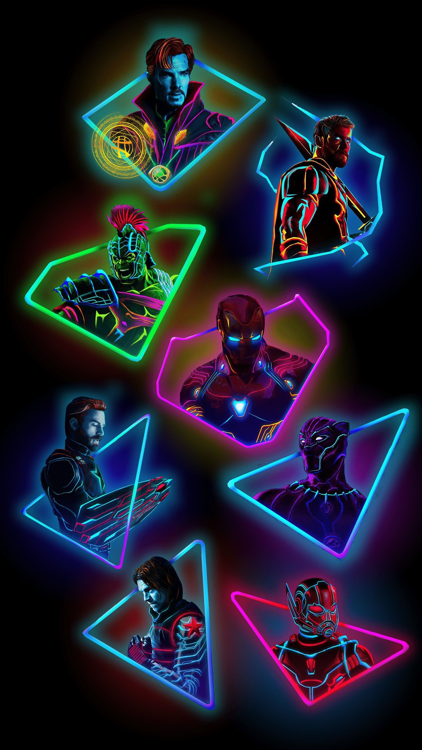 IPhone wallpaper of neon Avengers characters including Iron Man, Captain America, and Black Panther. - Marvel, Avengers