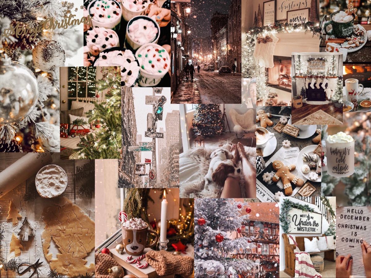 A collage of Christmas images including hot chocolate, a Christmas tree, and a fireplace. - Christmas