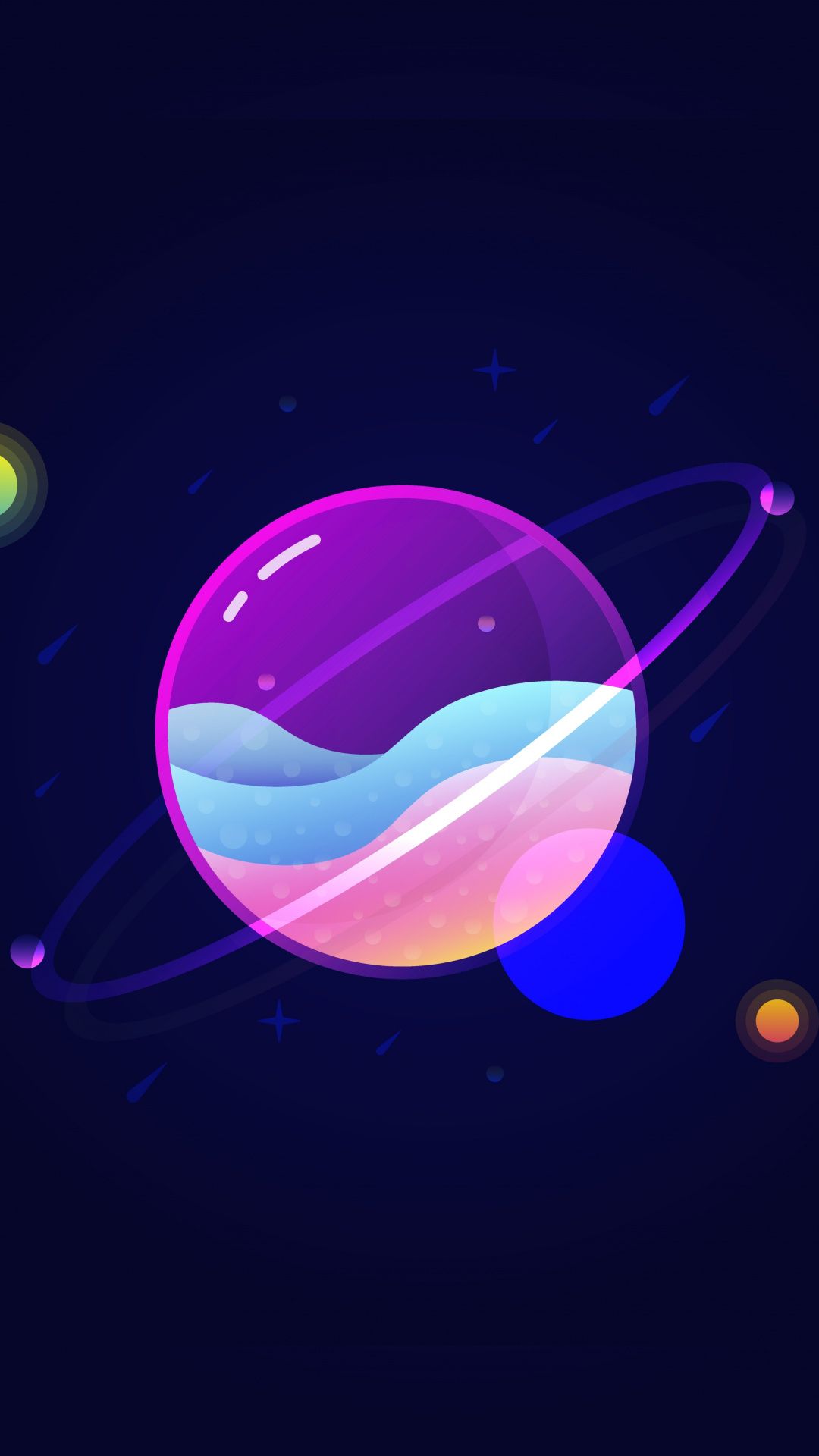 Colorful planet with ring on a dark blue background - Planet