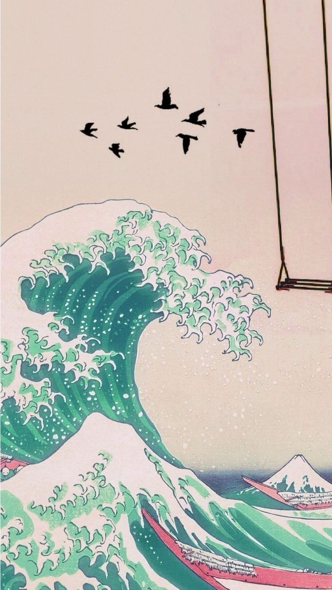 Aesthetic phone wallpaper of a painting of a wave with birds flying above - Retro, vintage
