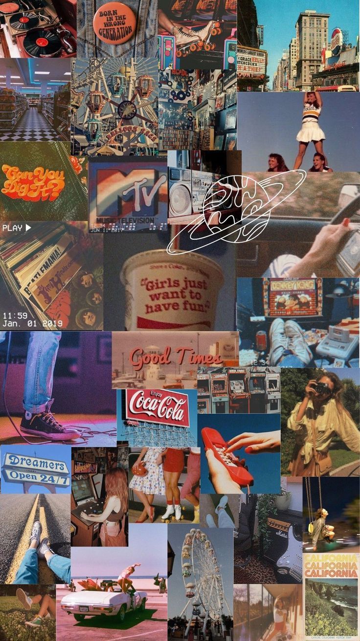 A collage of images from the 1950s and 1990s including Coca Cola, skateboarding, and a roller coaster. - Retro