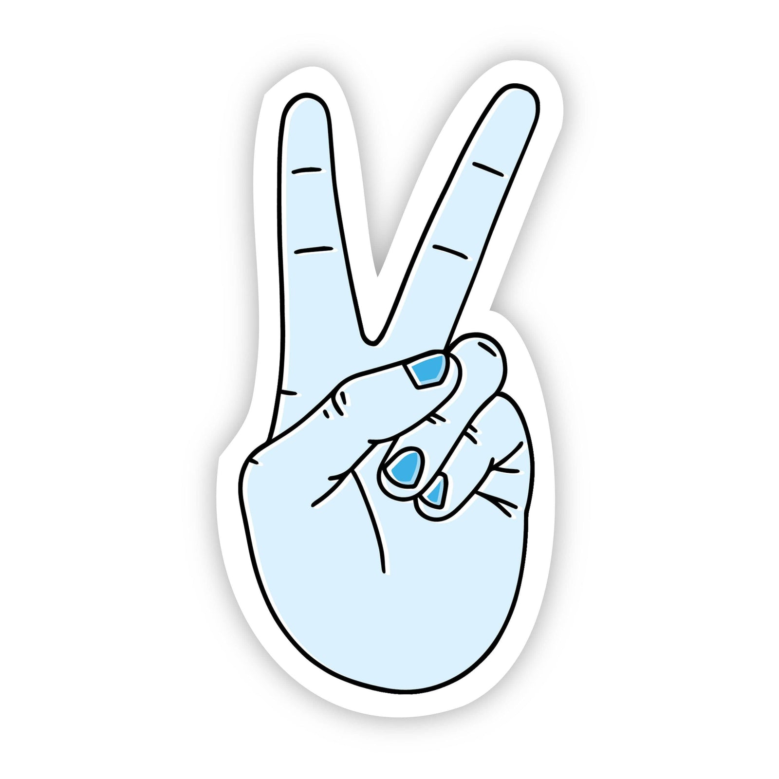 A sticker of a hand making the peace sign with blue painted nails - Pastel blue