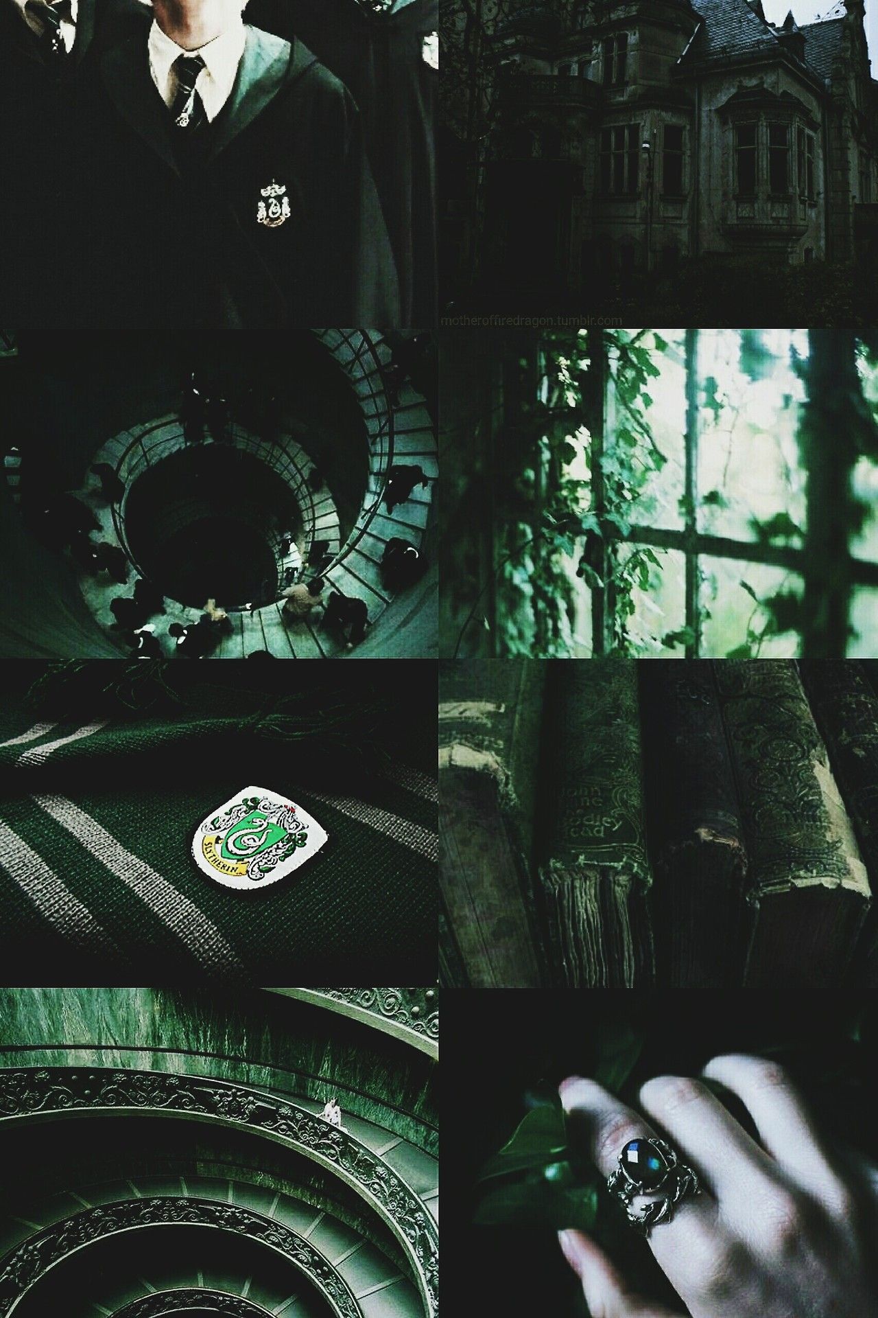 A collage of pictures with green backgrounds - Slytherin