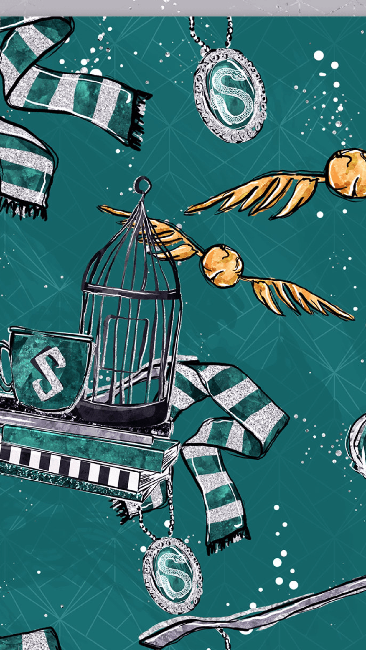 A green and white Harry Potter wallpaper with a cage, golden snitch, and slytherin scarf. - Slytherin