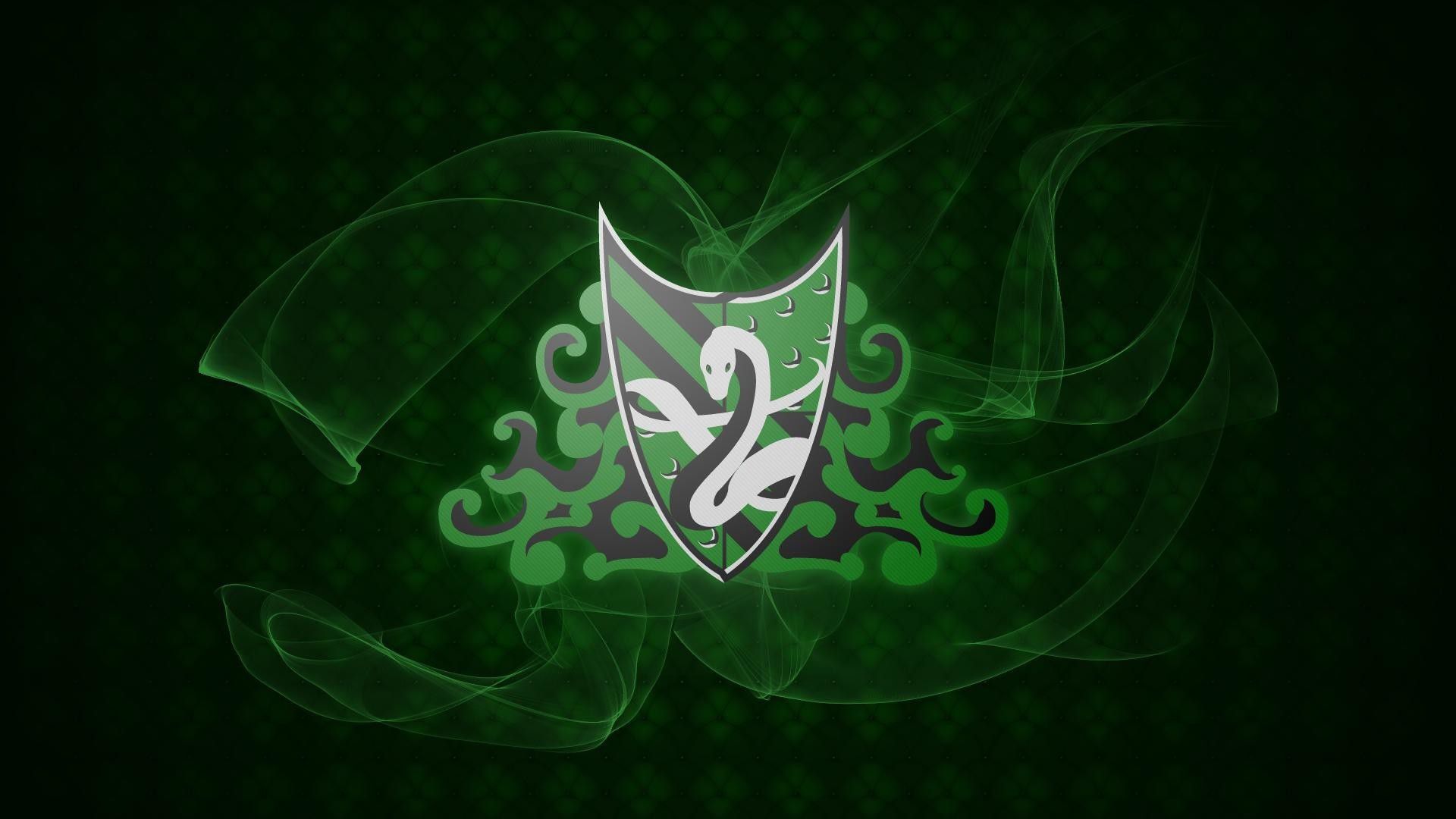 The green and white logo of a shield on black background - Slytherin