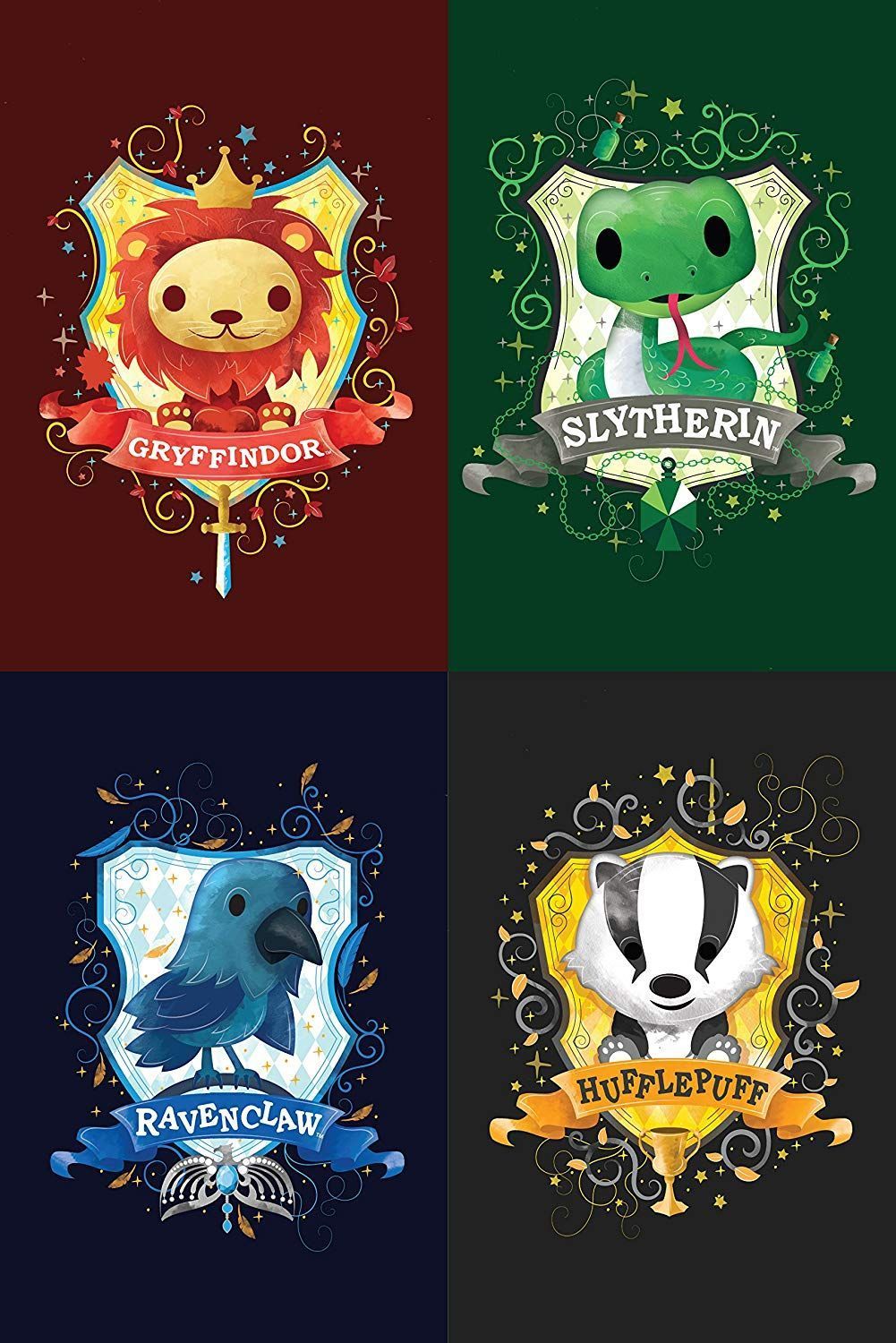 Four house crest posters for Harry Potter, featuring Gryffindor, Slytherin, Ravenclaw, and Hufflepuff. - Slytherin