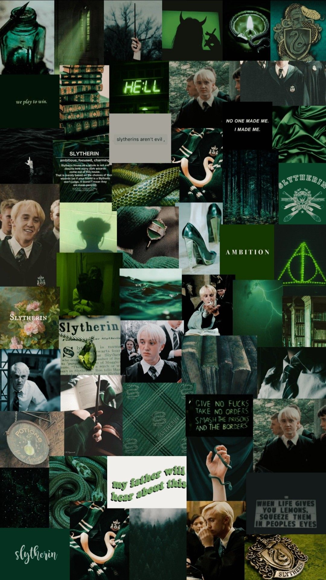 Collage of pictures of the character Draco Malfoy from the Harry Potter series. - Slytherin