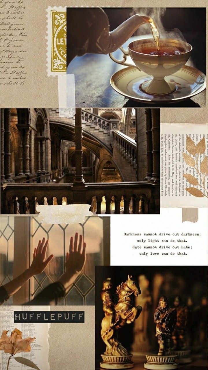 A collage of images including a cup of tea, a castle, and a chess piece. - Hufflepuff