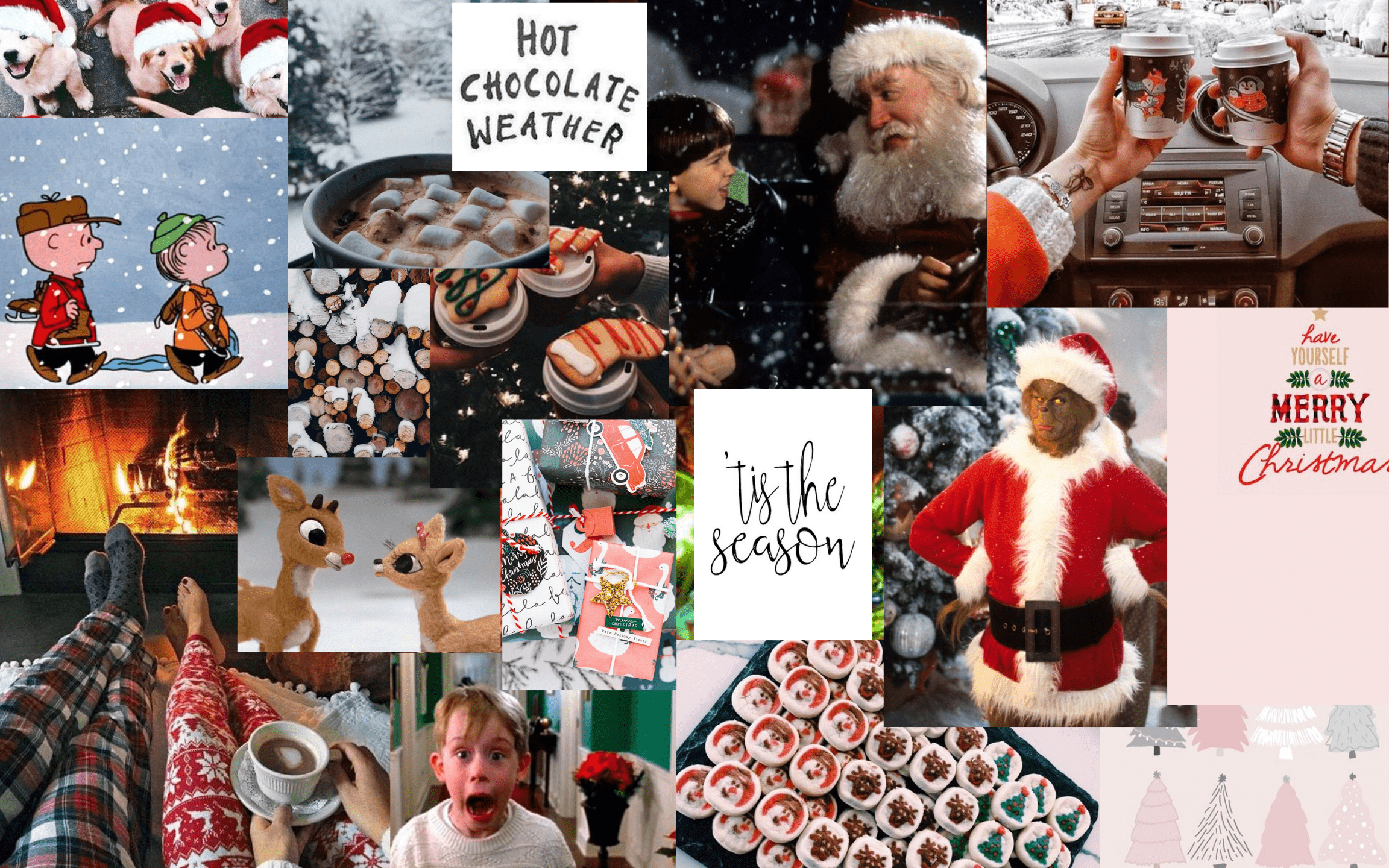 A collage of Christmas images including hot chocolate, movies, and decorations. - Christmas