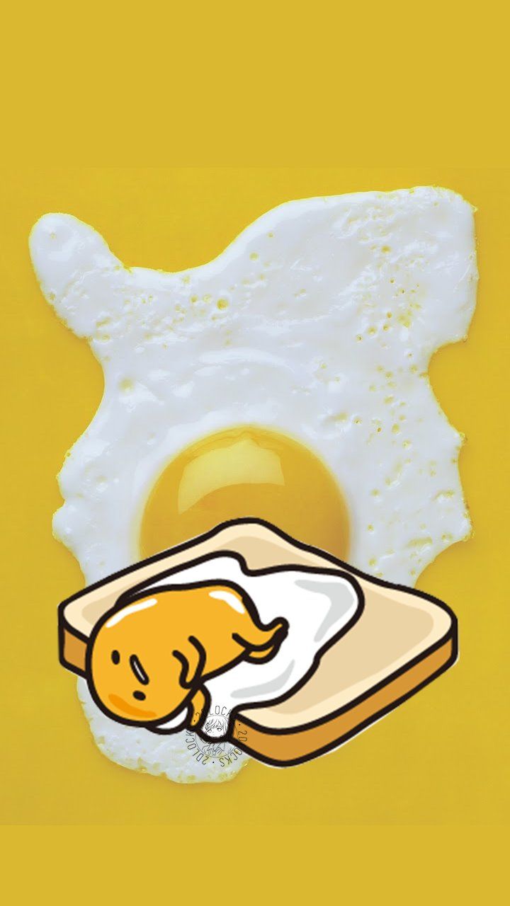 A picture of a cartoon egg on a piece of toast on a yellow background - Gudetama
