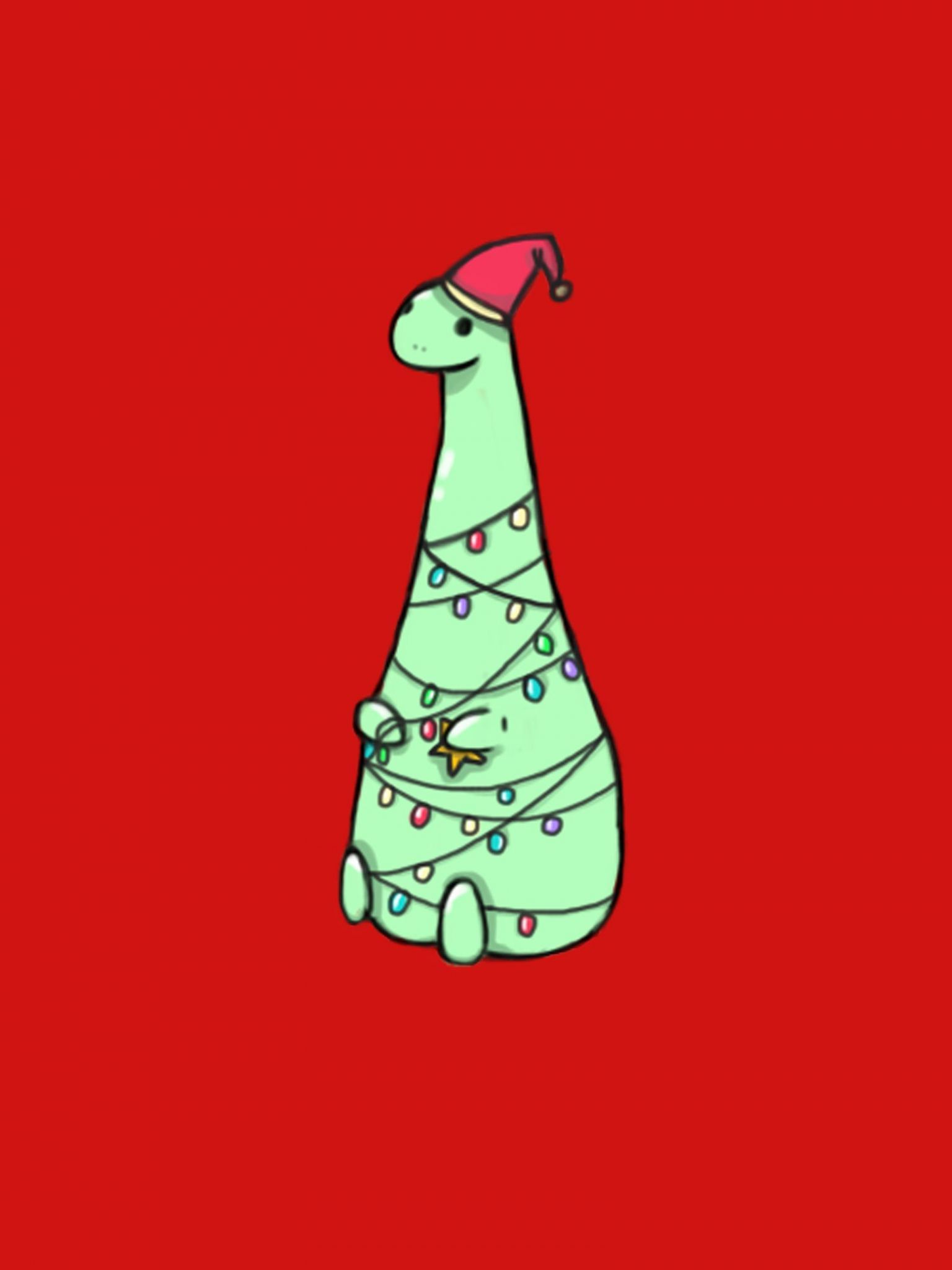 A green dinosaur wearing a Santa hat and covered in Christmas lights. - Christmas, cute Christmas