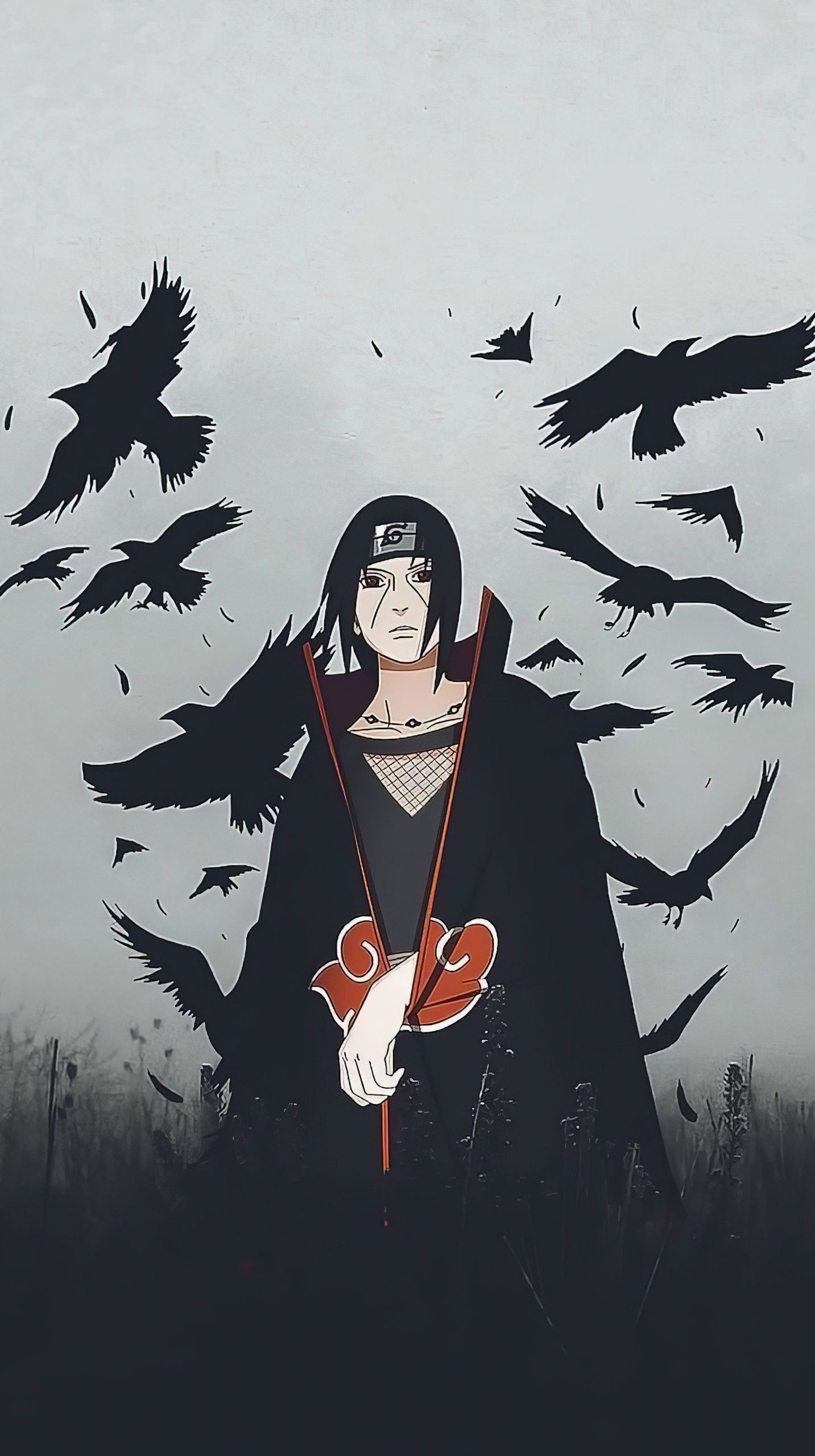 1080x1920 wallpaper itachi, naruto, anime, crows, birds, art, background, black, white, grey, dark, texture, phone wallpaper, lock screen, phone background, phone lock screen - Itachi Uchiha