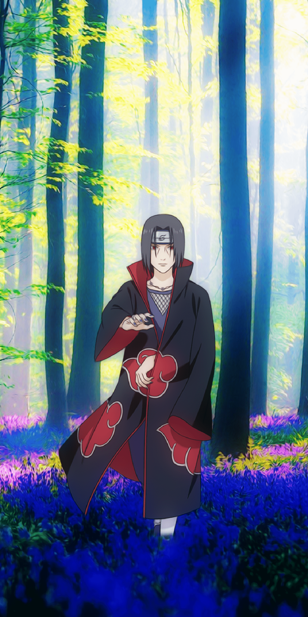 A man in black robe standing among flowers - Itachi Uchiha