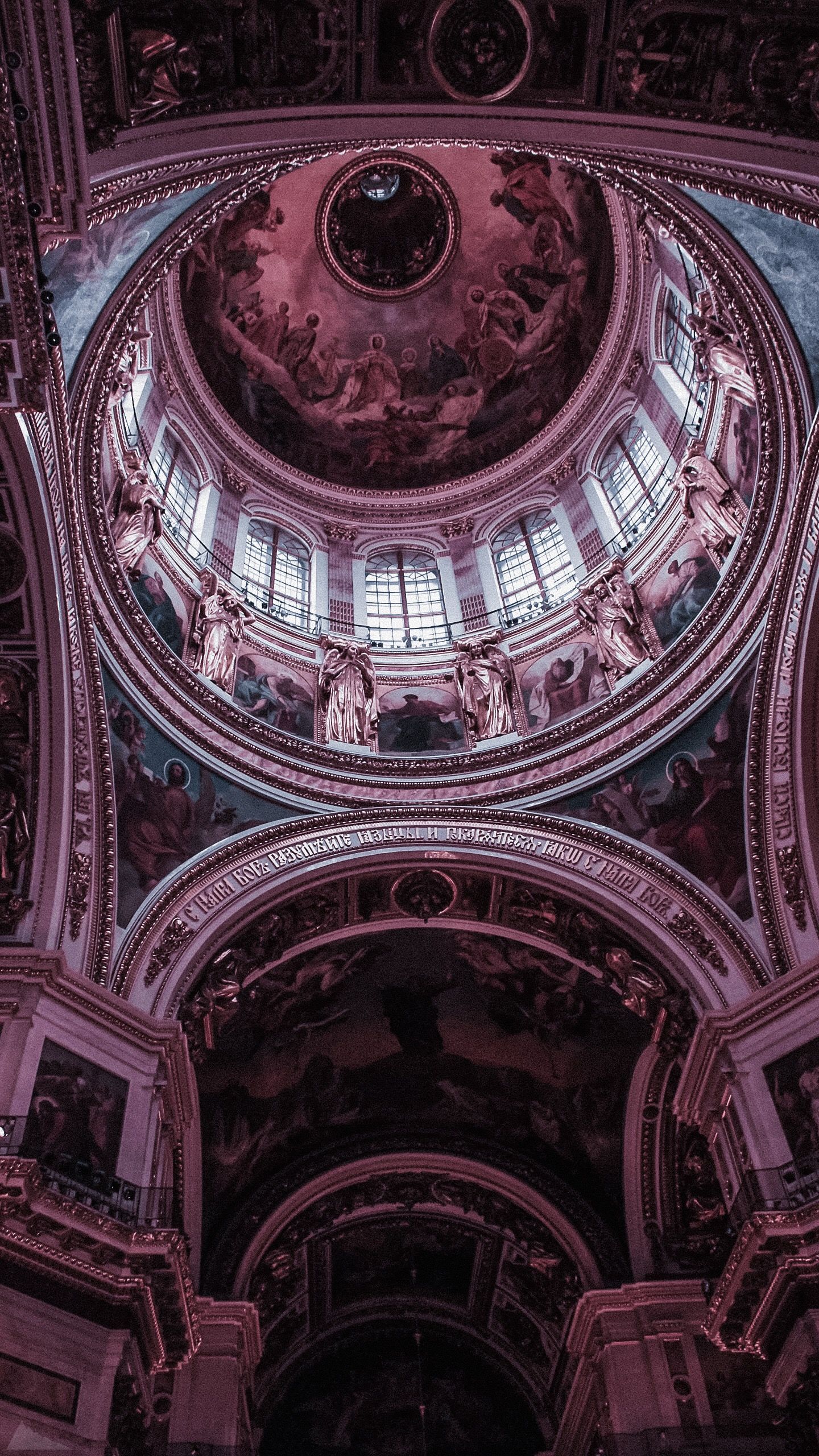 A pink and purple dome ceiling with frescoes - Architecture