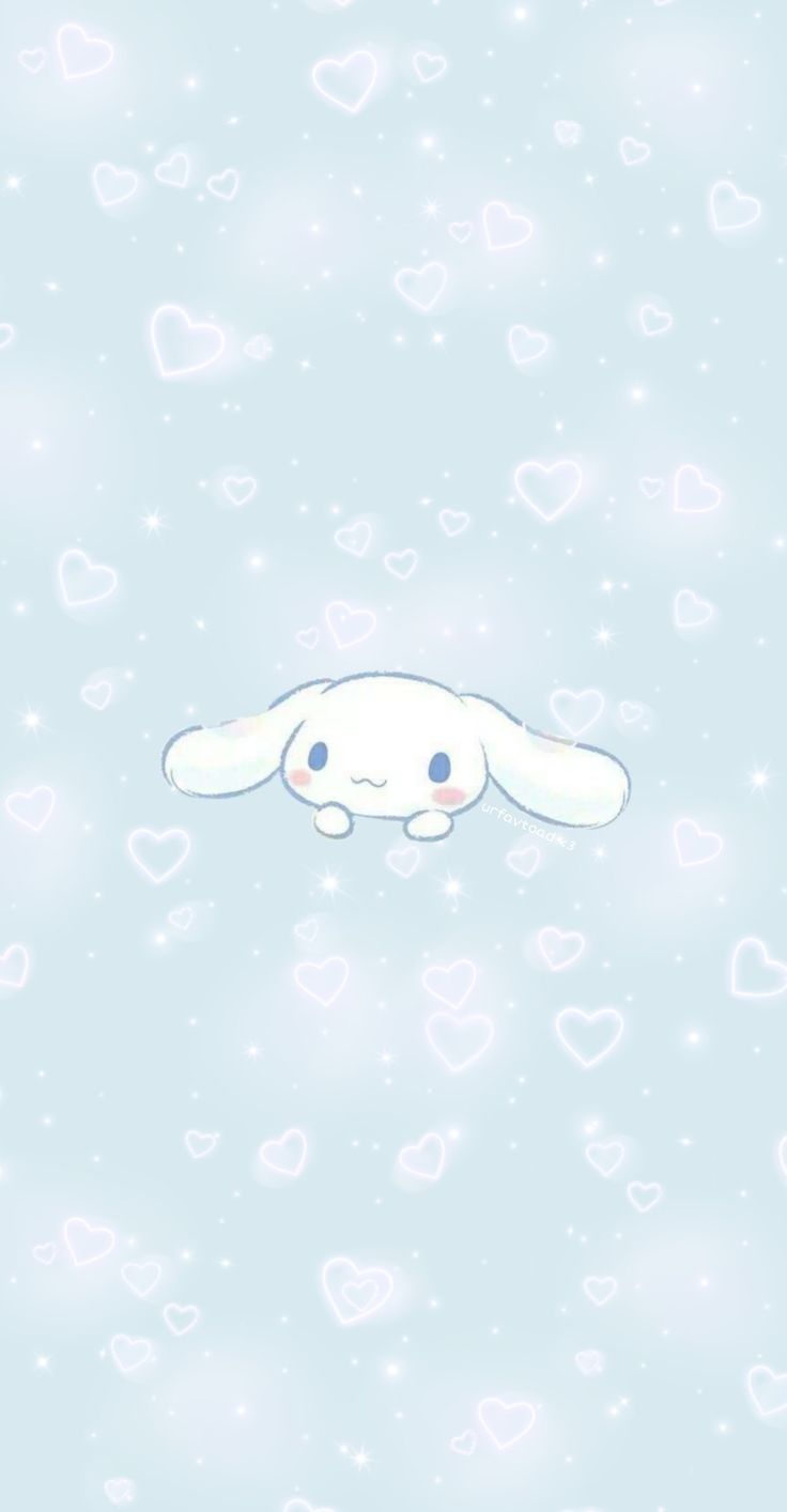 A wallpaper of a white rabbit surrounded by hearts - Cinnamoroll