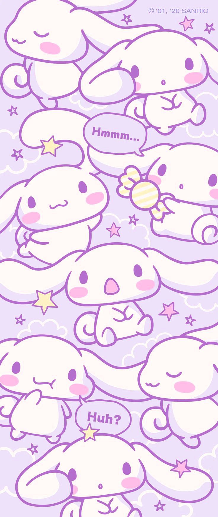 A wallpaper of Cinnamoroll from Sanrio, who is a cute little white puppy with a pink nose and ears, wearing a pink dress and holding a candy. - Cinnamoroll