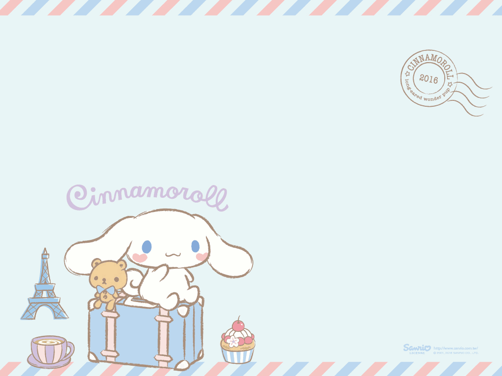 A cute wallpaper of Cinnamoroll sitting on a suitcase with a teddy bear. - Cinnamoroll