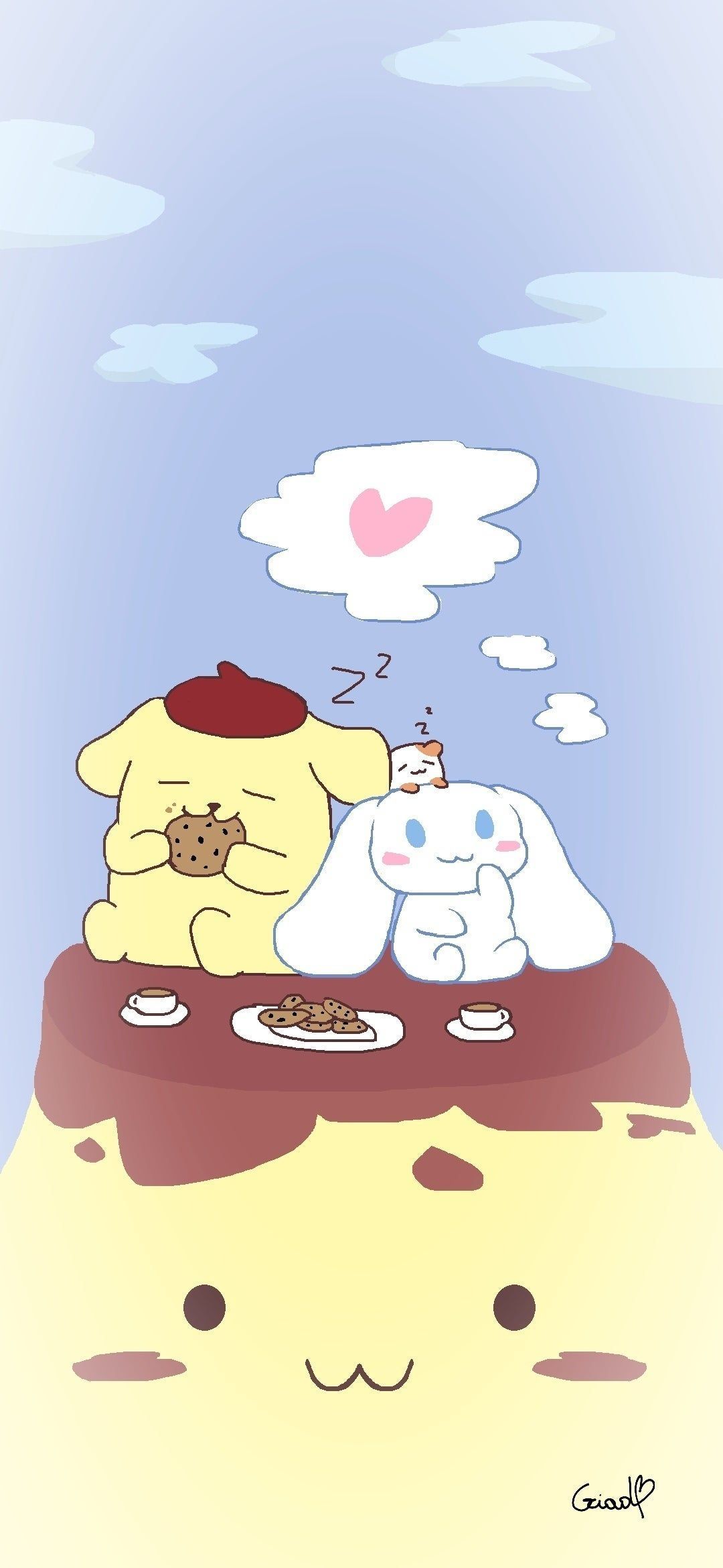 A dog and a rabbit are sleeping on a mound of dirt with a heart above them - Cinnamoroll