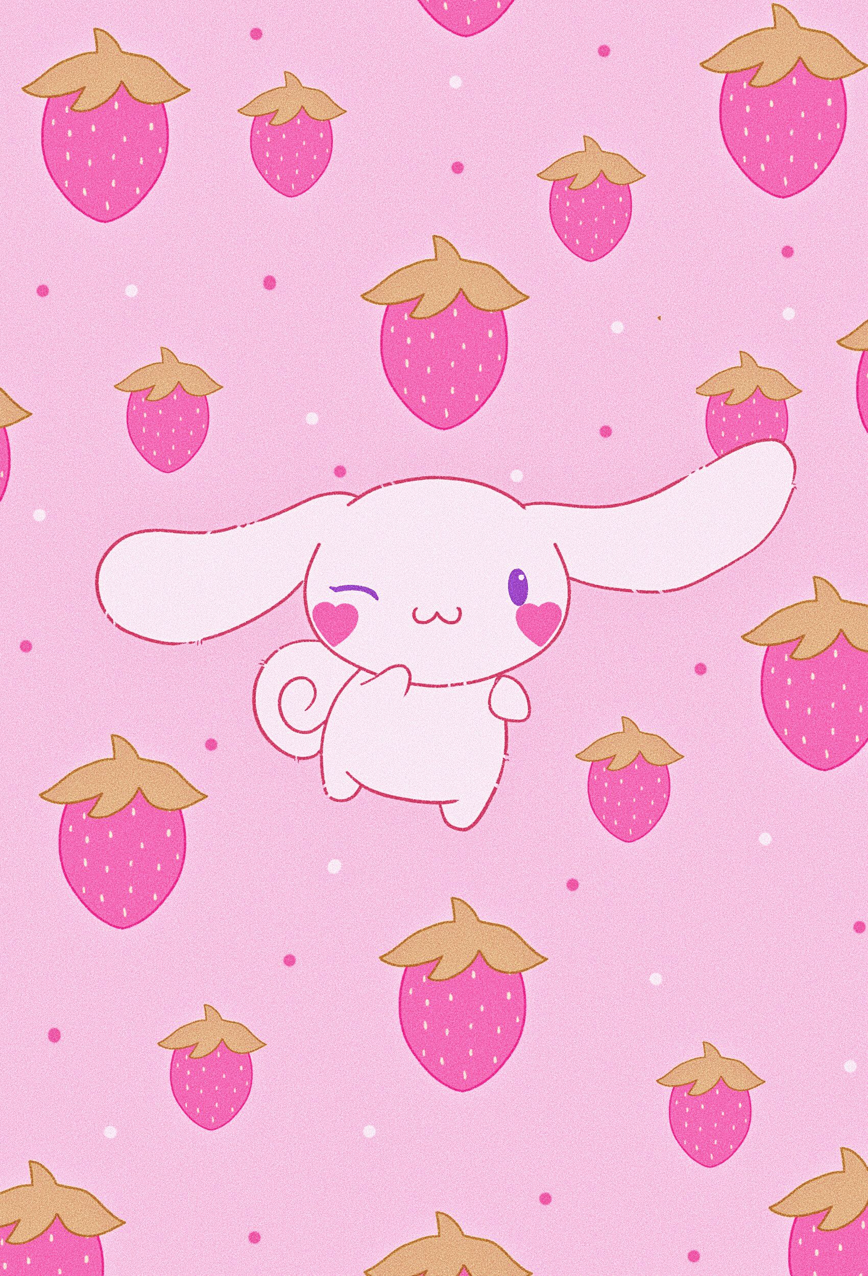 A cute little bunny with strawberries all around it - Cinnamoroll