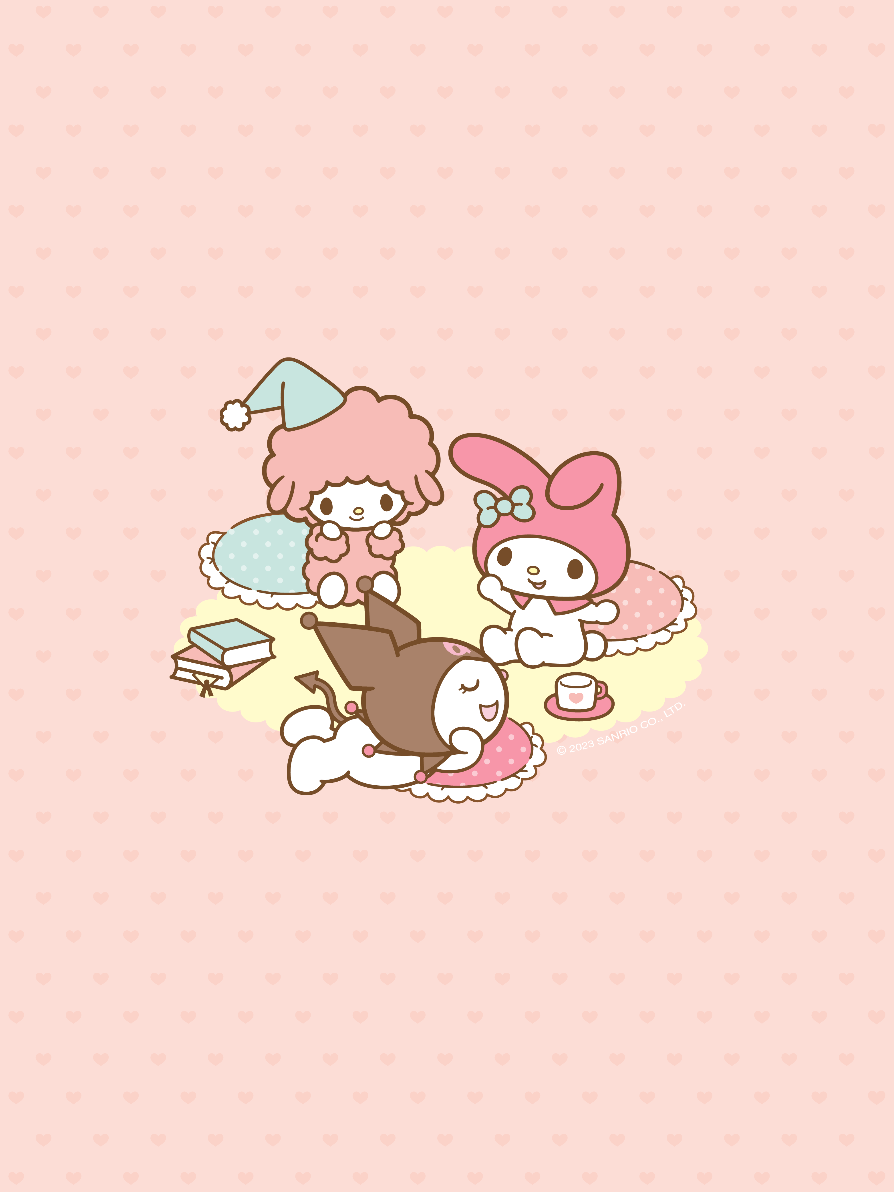 My Melody, Pompompurin and Kuromi are having a tea party on a cloud wallpaper - Cinnamoroll