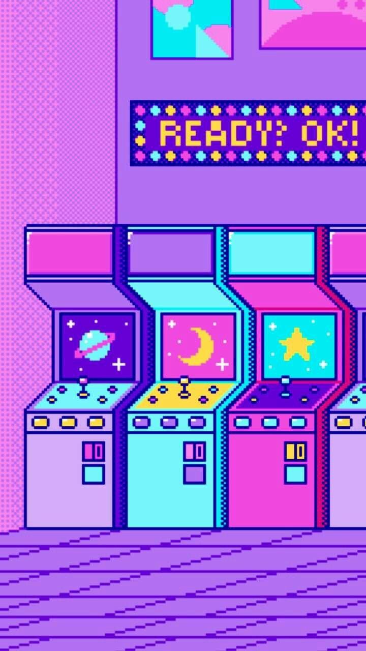 A row of arcade machines with the word 