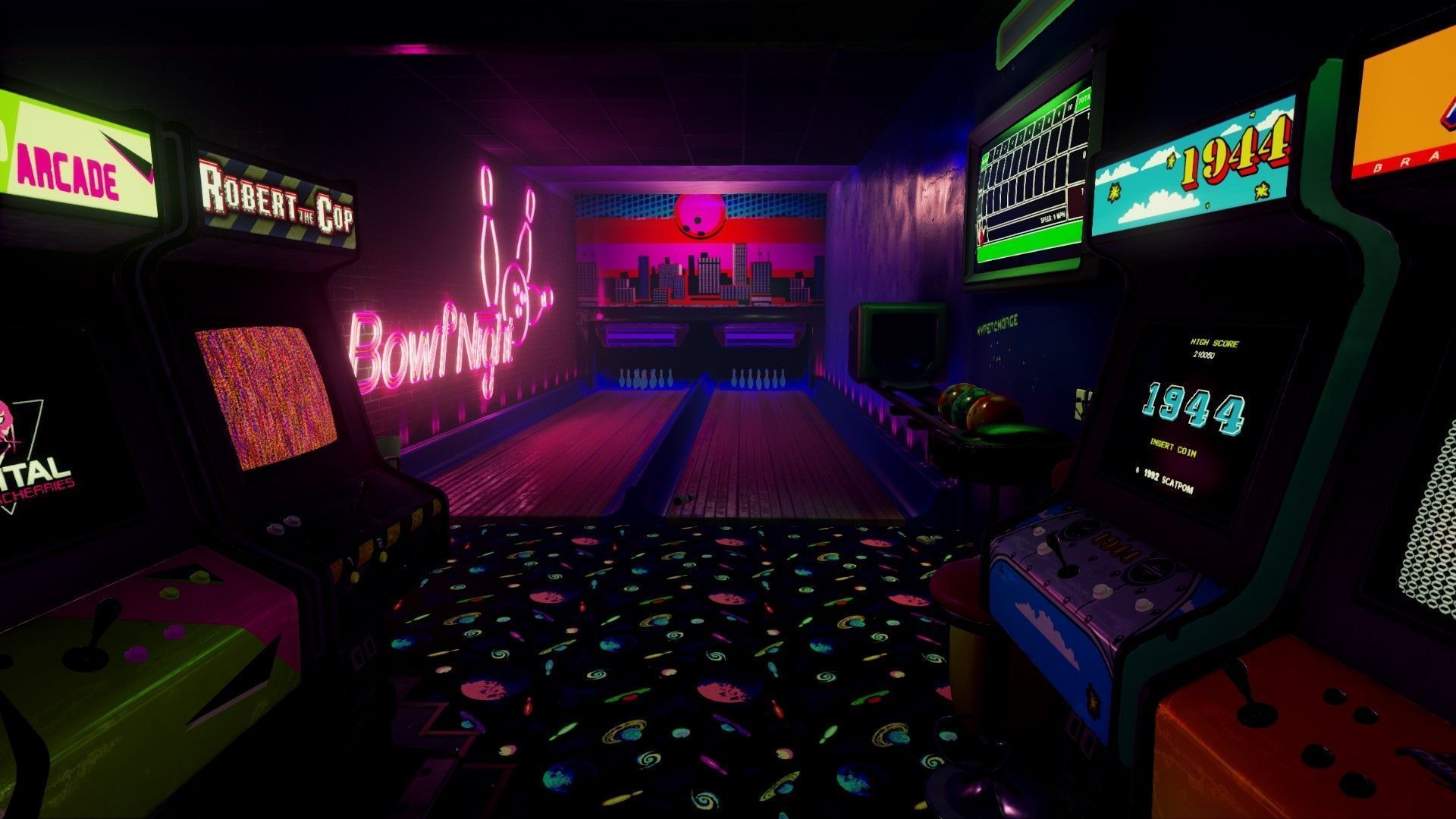 A dark room with video games and neon lights - Arcade