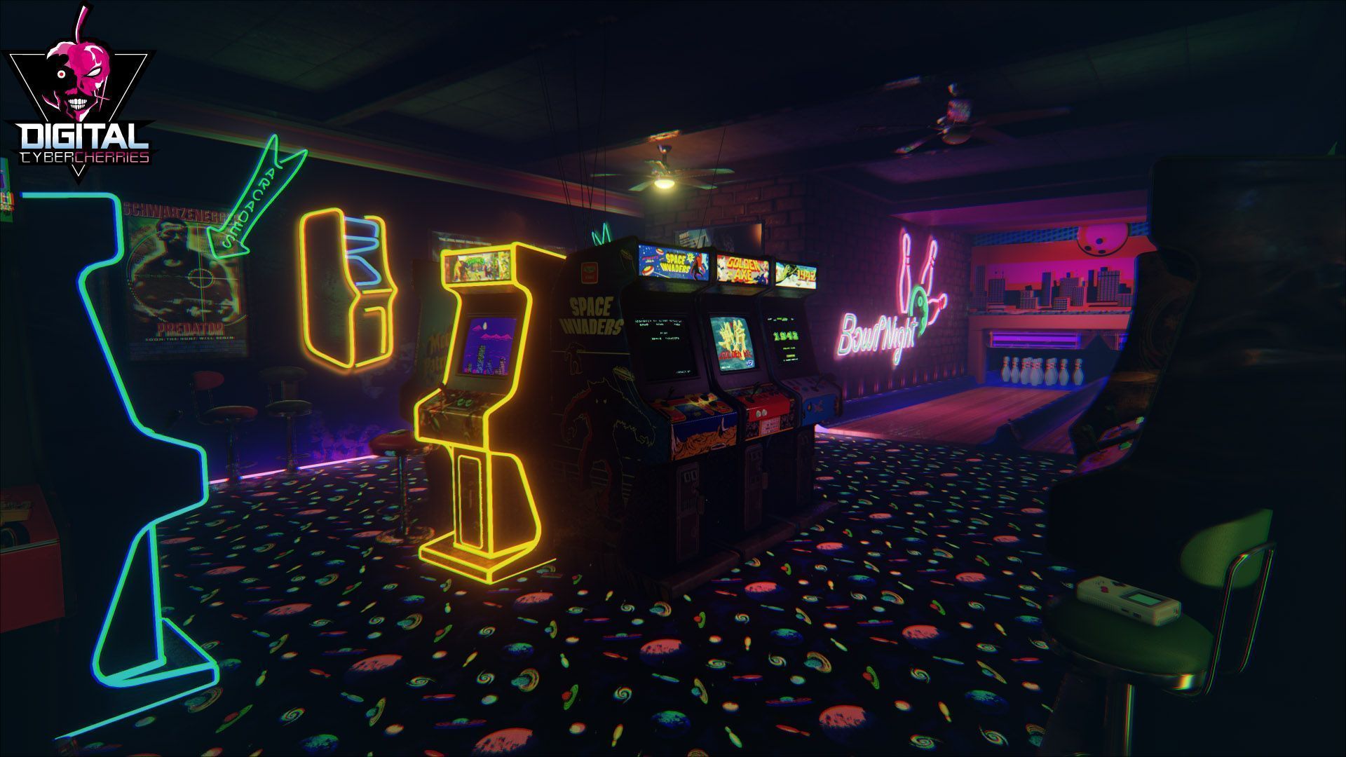 A neon-lit arcade room with Space Invaders, Donkey Kong, and other classic games. - Arcade