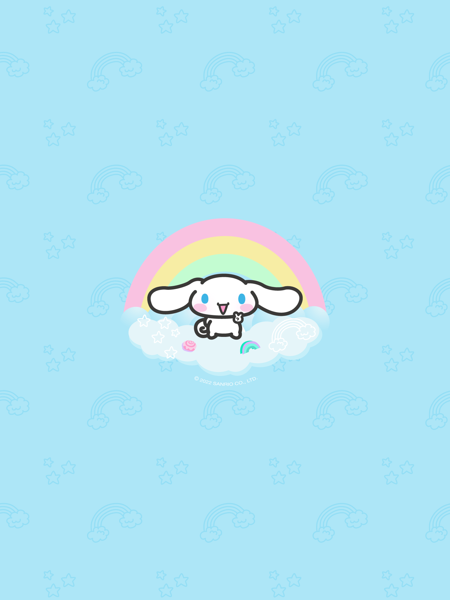 A cute wallpaper of Cinnamoroll on a cloud with a rainbow. - Cinnamoroll, Sanrio