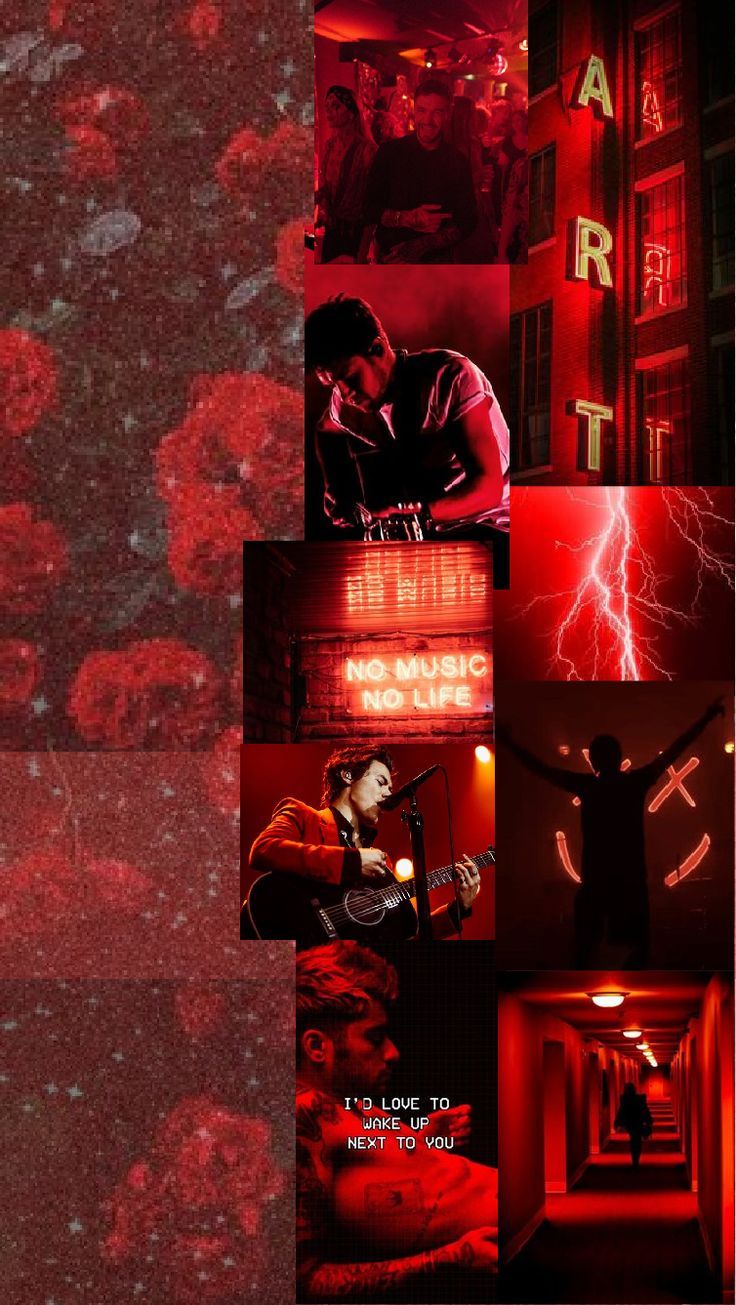 Aesthetic red wallpaper with quotes, lightning, and a man playing guitar. - Red