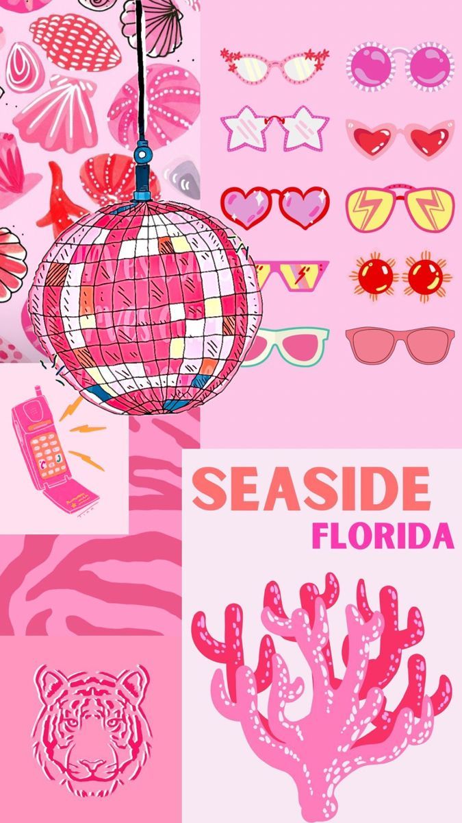 Pink and red illustration of a beach ball, sunglasses, and other beach items - Preppy