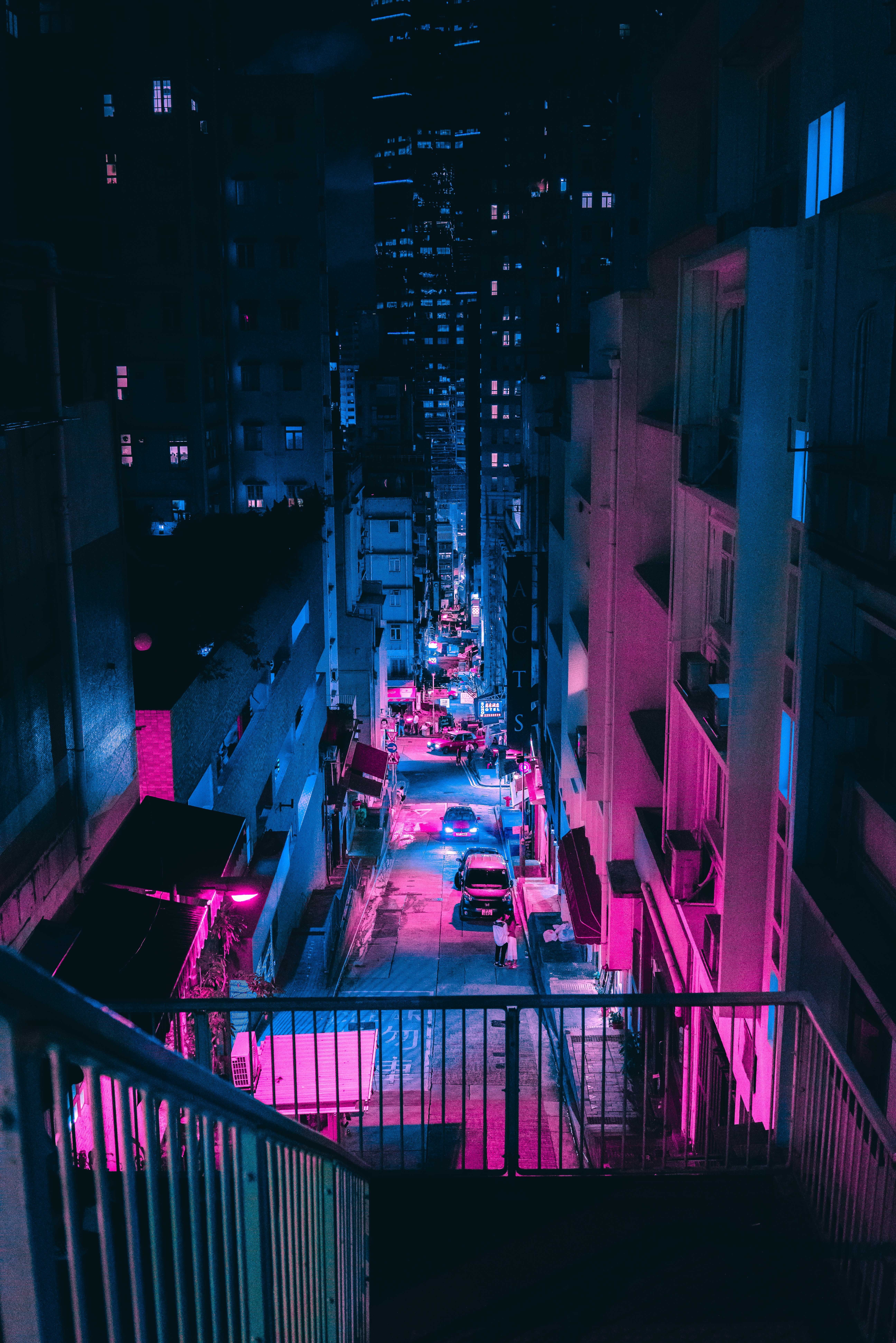 A city street with cars and buildings - Neon, neon pink, HD, Cyberpunk, neon purple