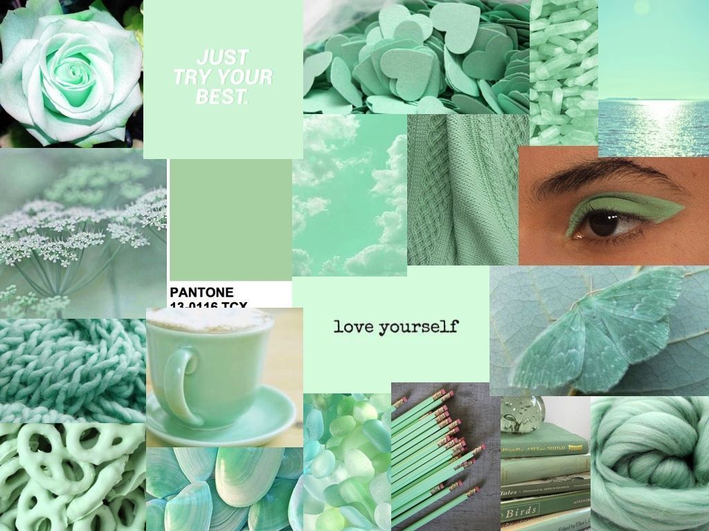Collage of green and white aesthetic images with the words 