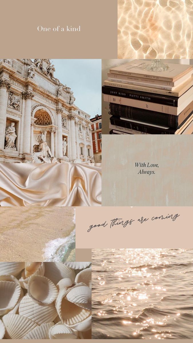 Collage of beige and tan aesthetic images including books, the ocean, and a building. - Cream