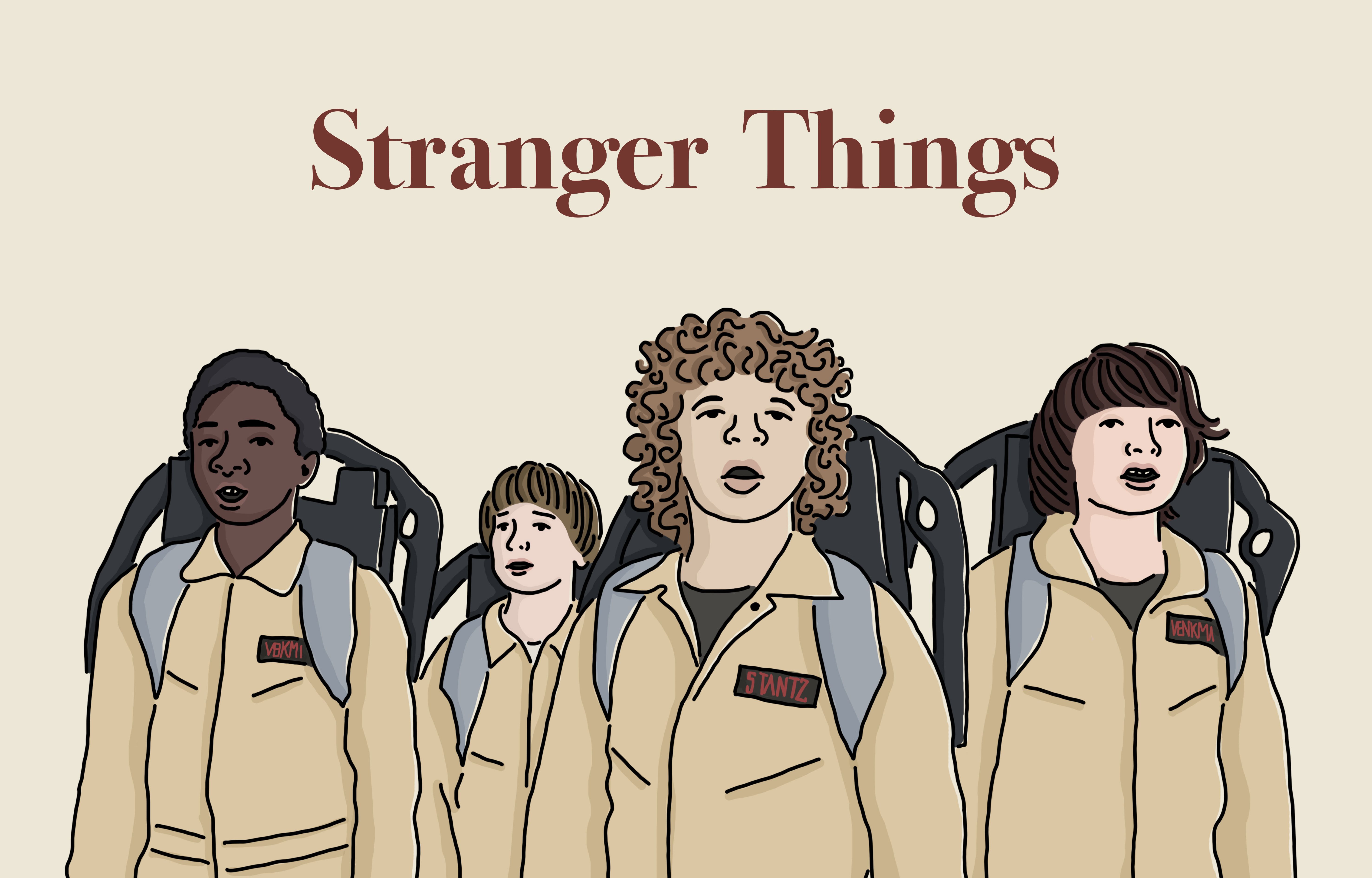 An illustration of the four main characters from Stranger Things standing in a row. - Stranger Things