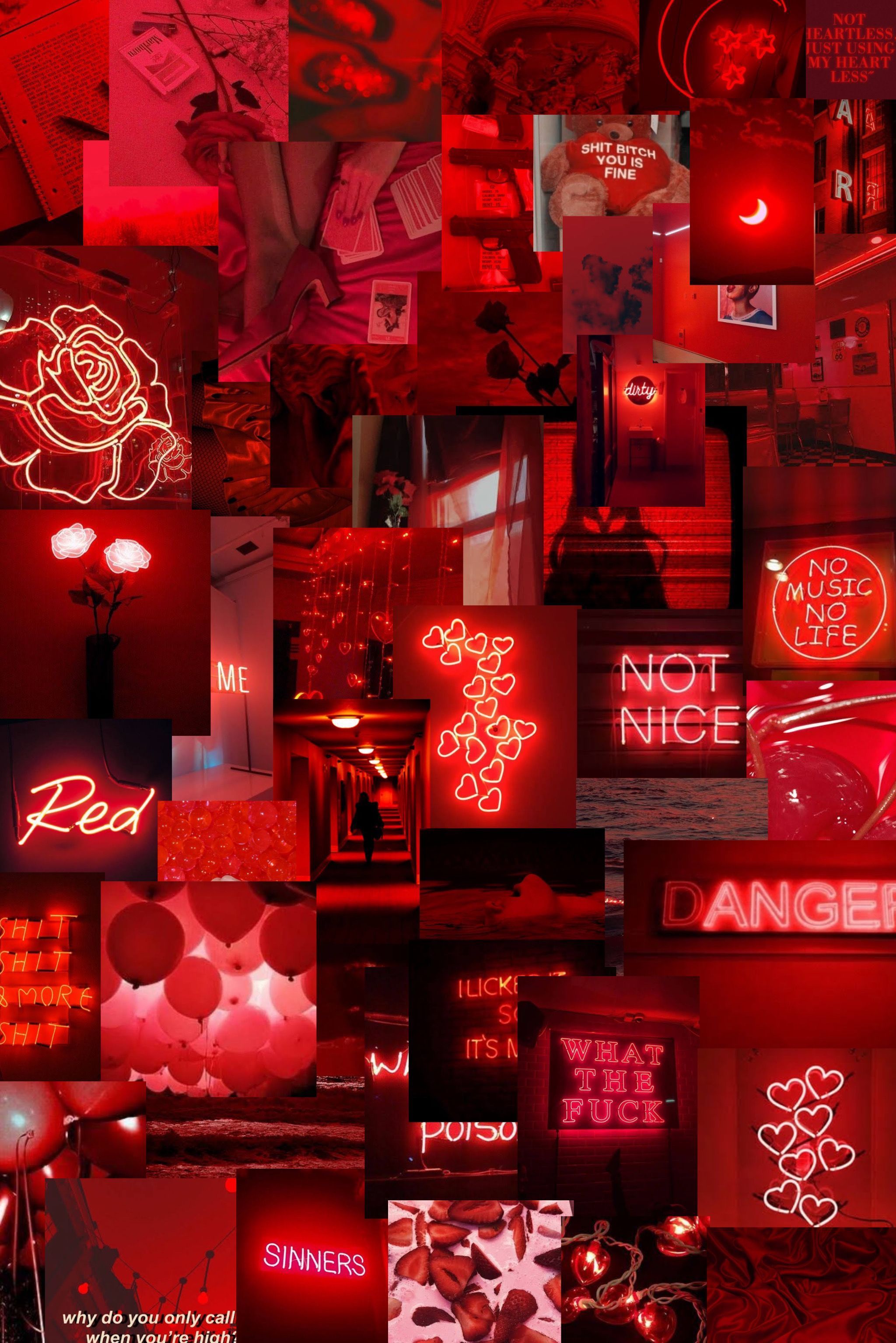 A collage of red neon signs and pictures - Red, light red, neon red