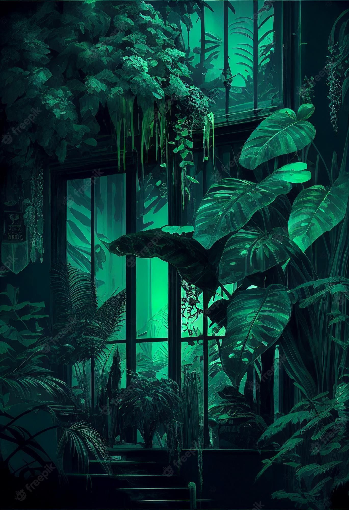 A dark and mysterious jungle scene - Plants, green, forest, dark green, landscape, jungle
